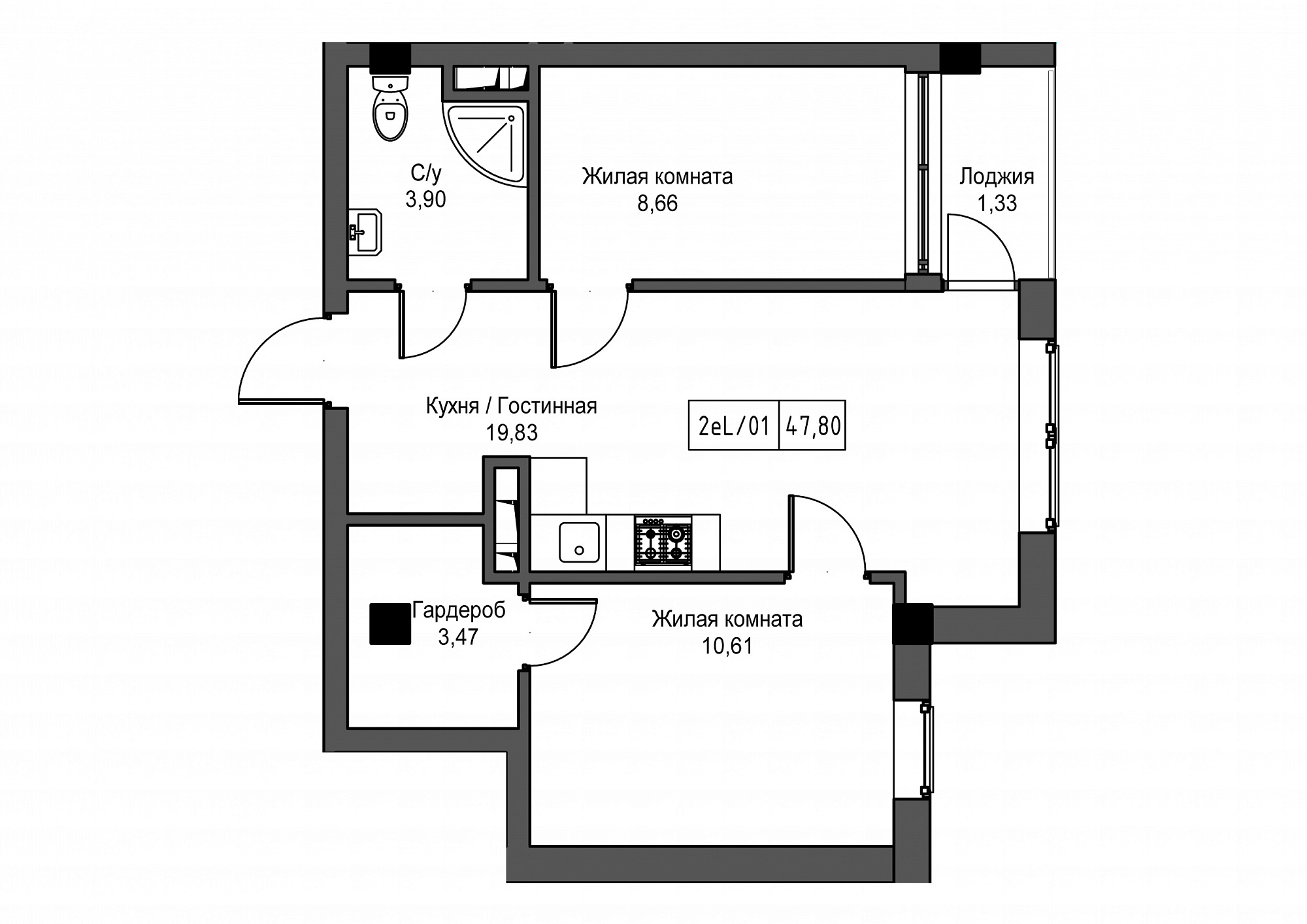 Планування 2-к квартира площею 47.8м2, UM-002-02/0091.
