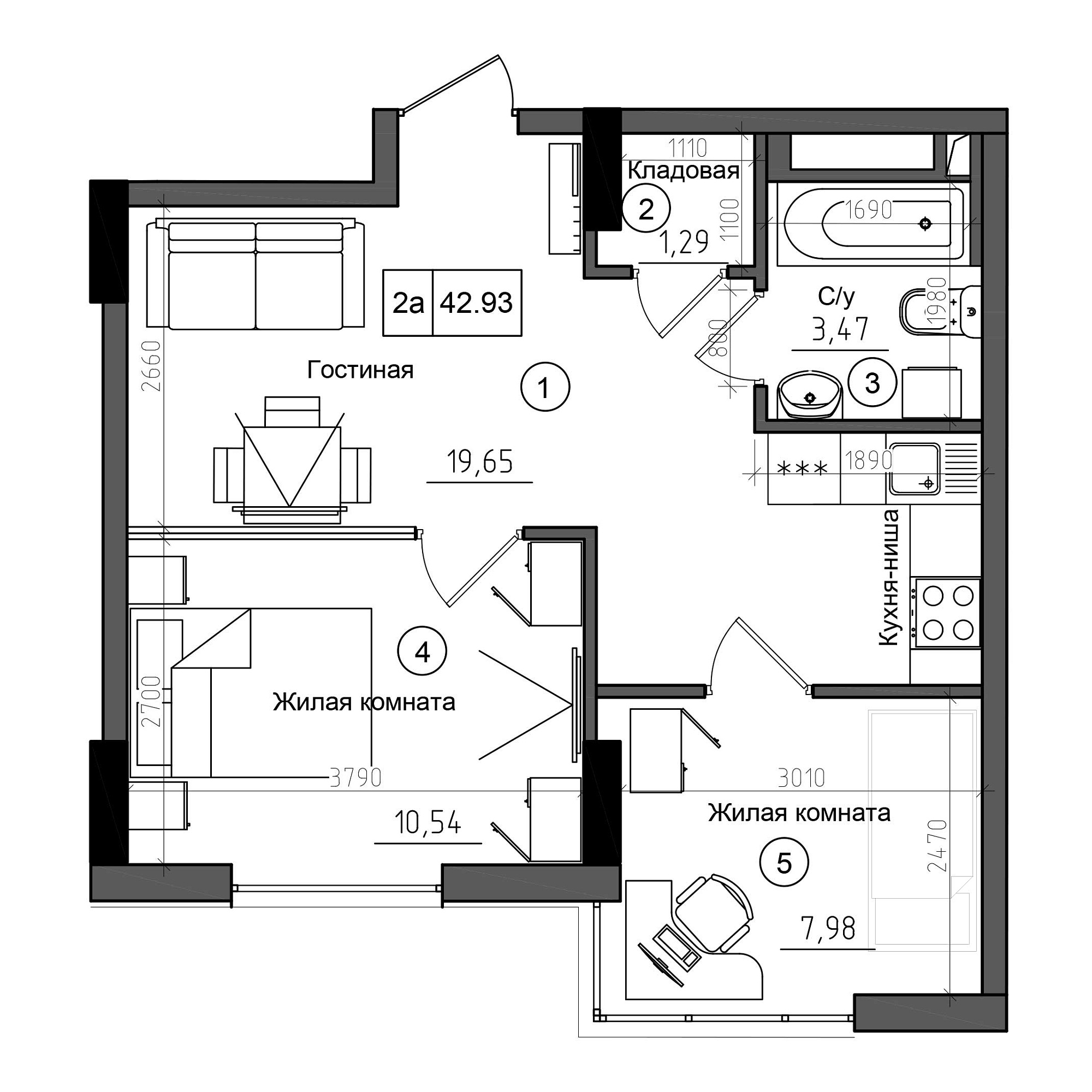 Планування 2-к квартира площею 42.93м2, AB-21-01/00003.
