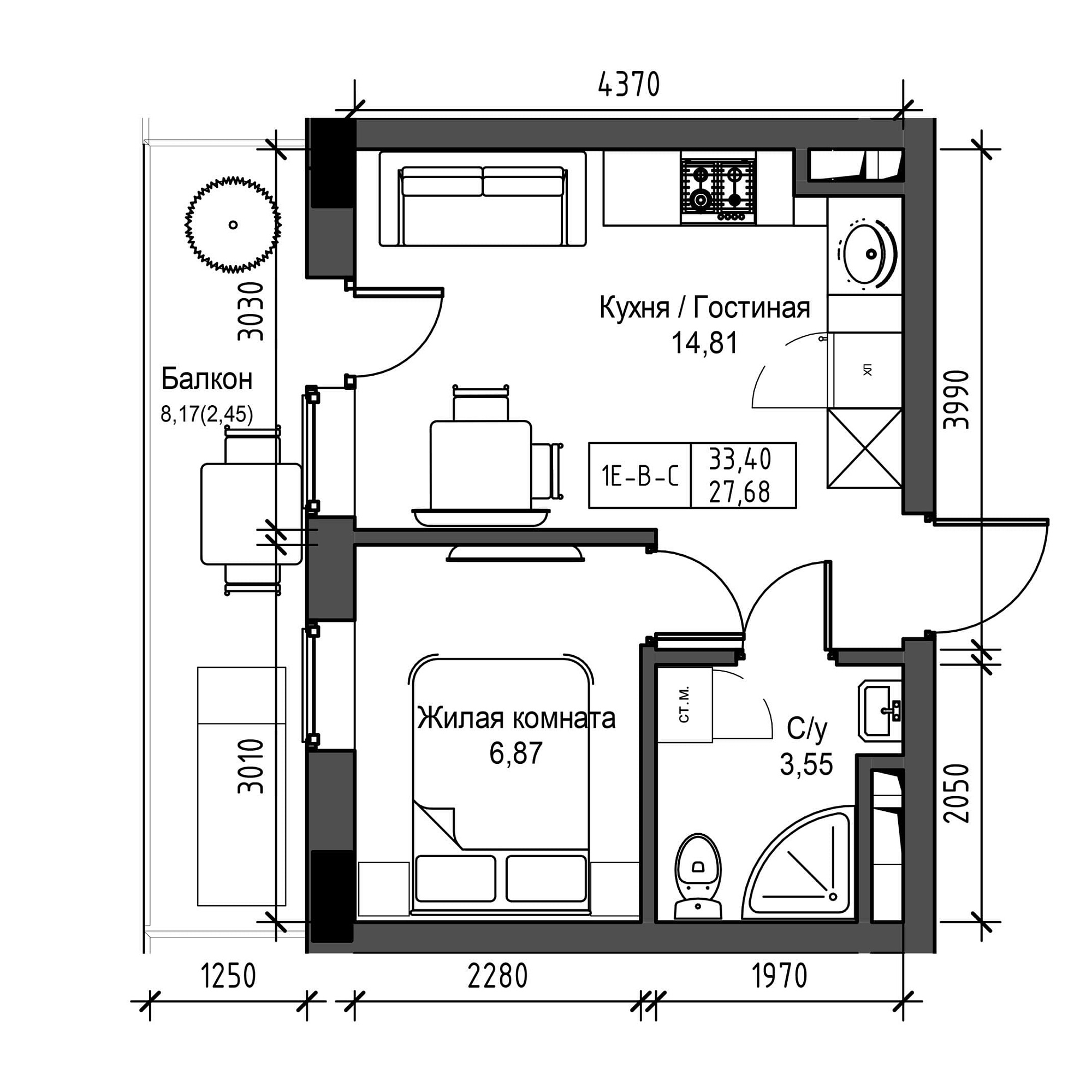 Планування 1-к квартира площею 27.68м2, UM-001-05/0019.