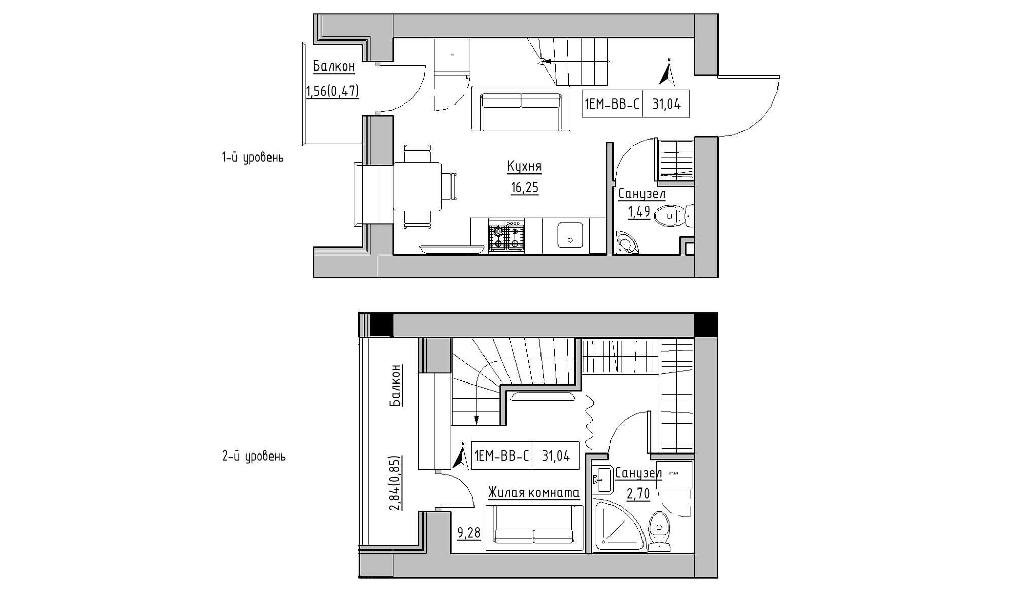 Planning 2-lvl flats area 31.04m2, KS-016-05/0013.