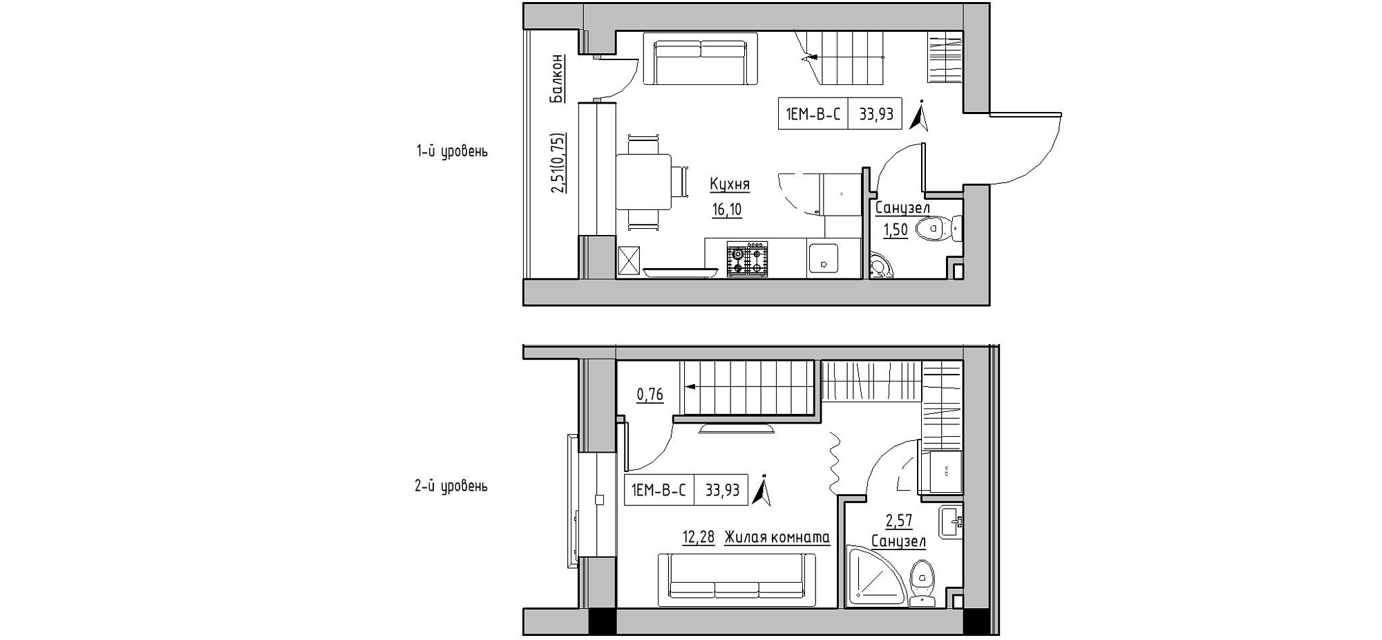 Planning 2-lvl flats area 33.93m2, KS-020-05/0012.