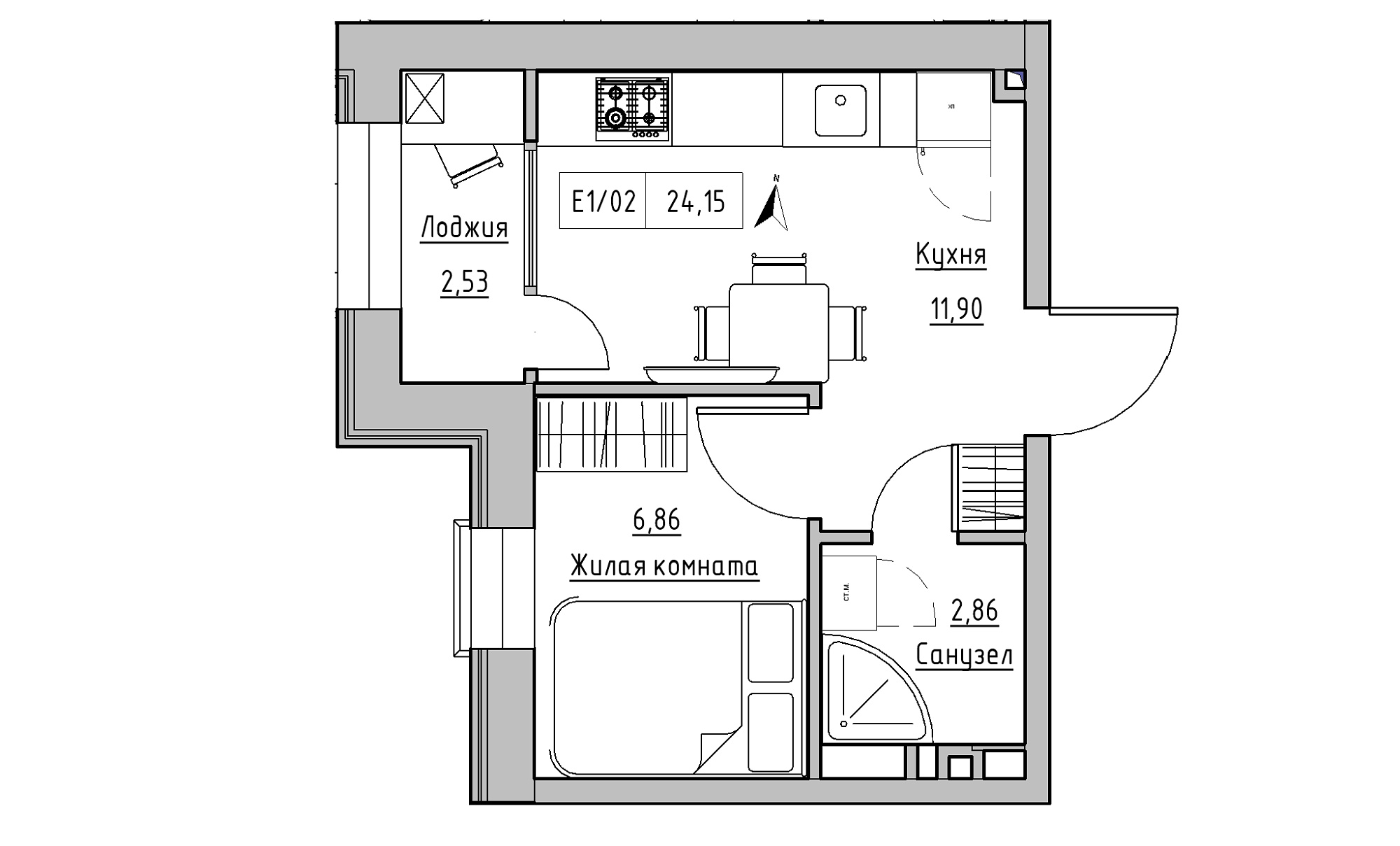 Planning 1-rm flats area 24.15m2, KS-015-01/0001.