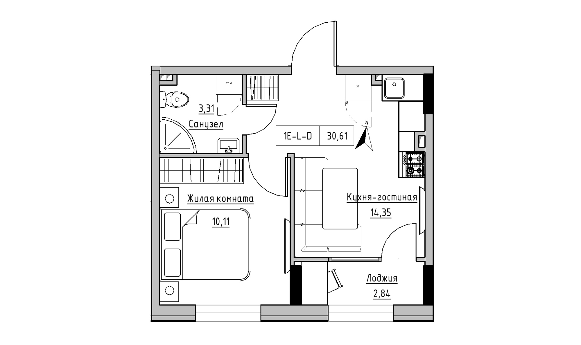 Планировка 1-к квартира площей 30.61м2, KS-025-01/0013.