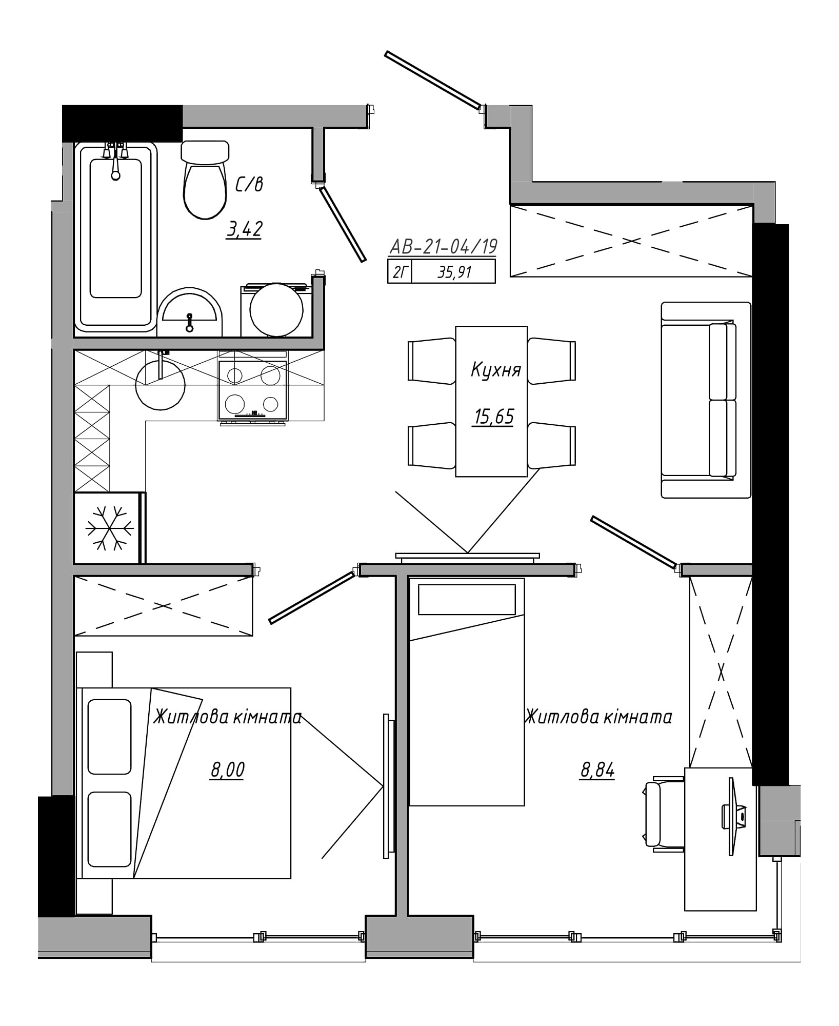 Планування 2-к квартира площею 35.91м2, AB-21-04/00019.