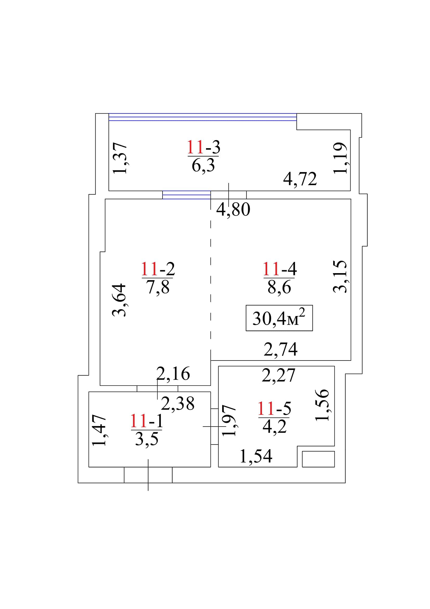 Planning Smart flats area 30.4m2, AB-01-02/00013.