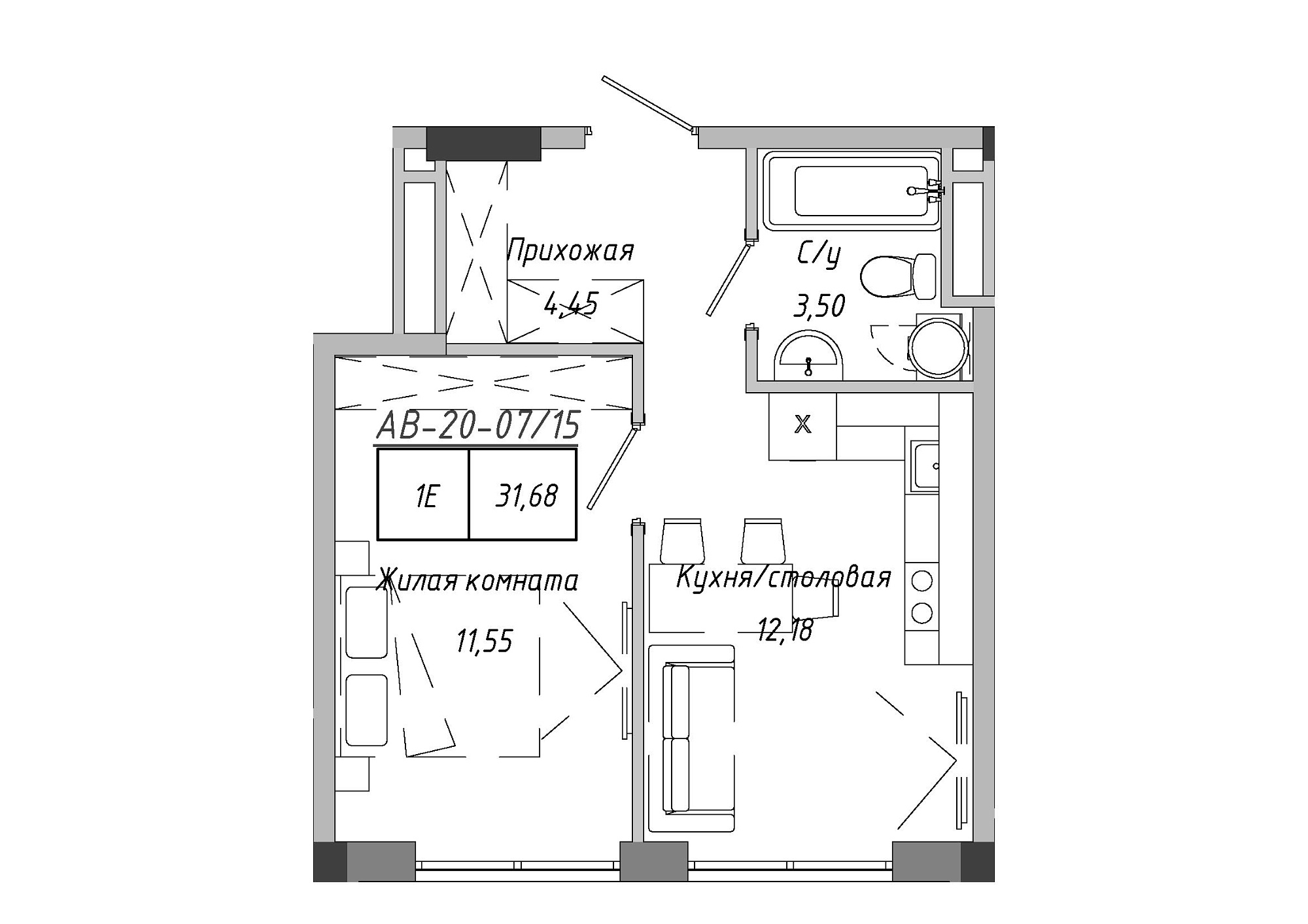 Планировка 1-к квартира площей 31.51м2, AB-20-07/00015.