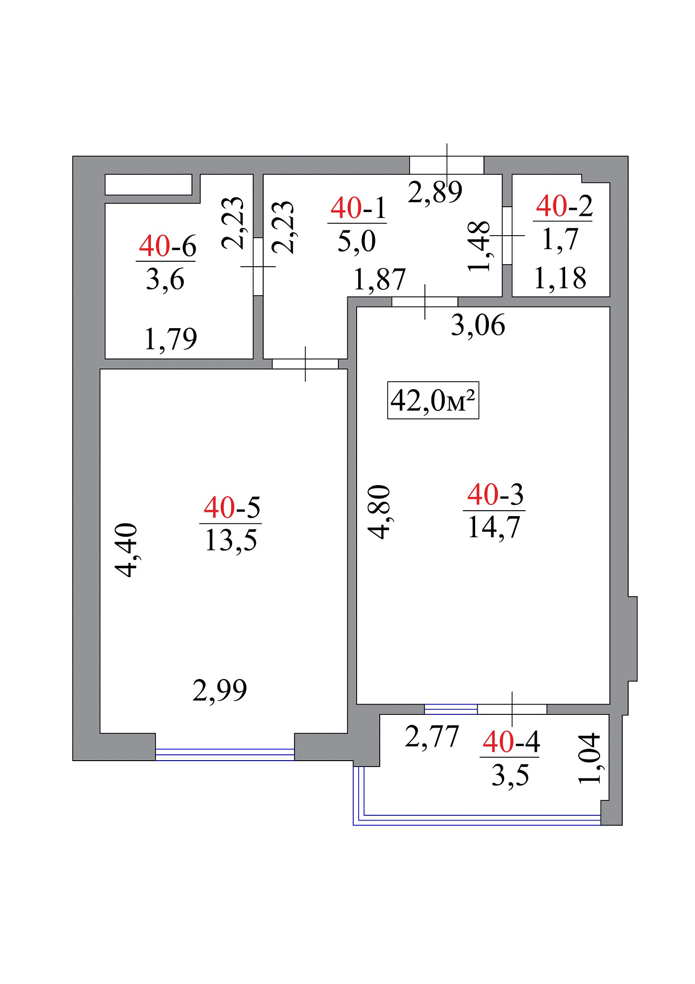 Планировка 1-к квартира площей 42м2, AB-07-04/00036.