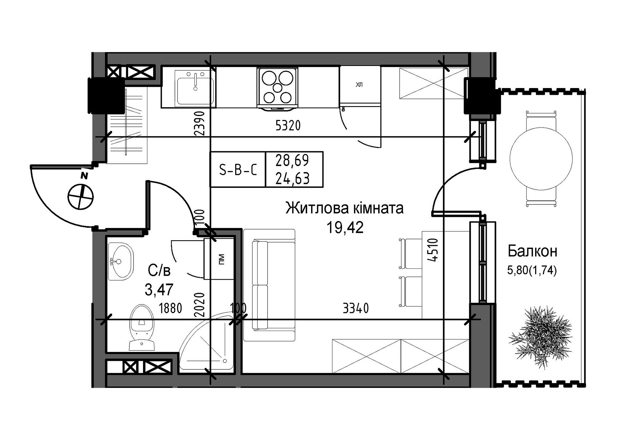 Планировка Smart-квартира площей 24.63м2, UM-007-03/0005.
