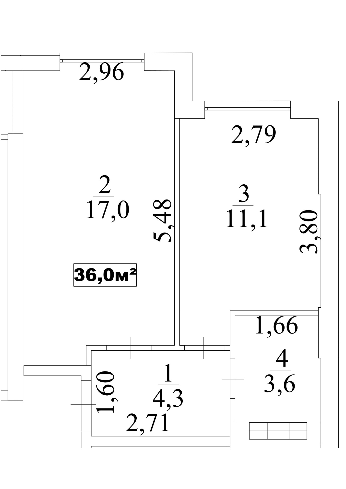 Планировка 1-к квартира площей 36м2, AB-10-08/0070б.
