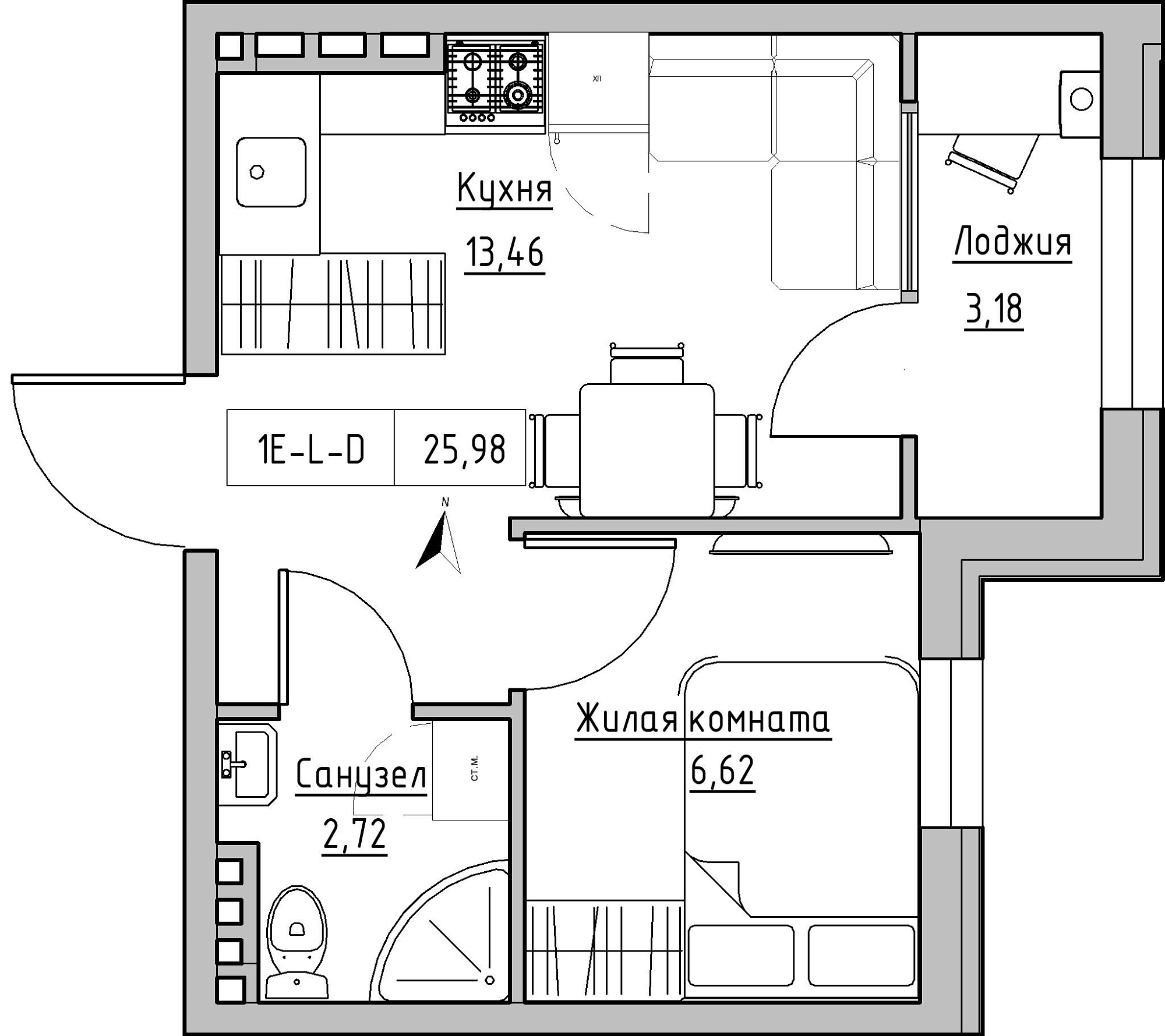 Планировка 1-к квартира площей 25.98м2, KS-024-03/0017.