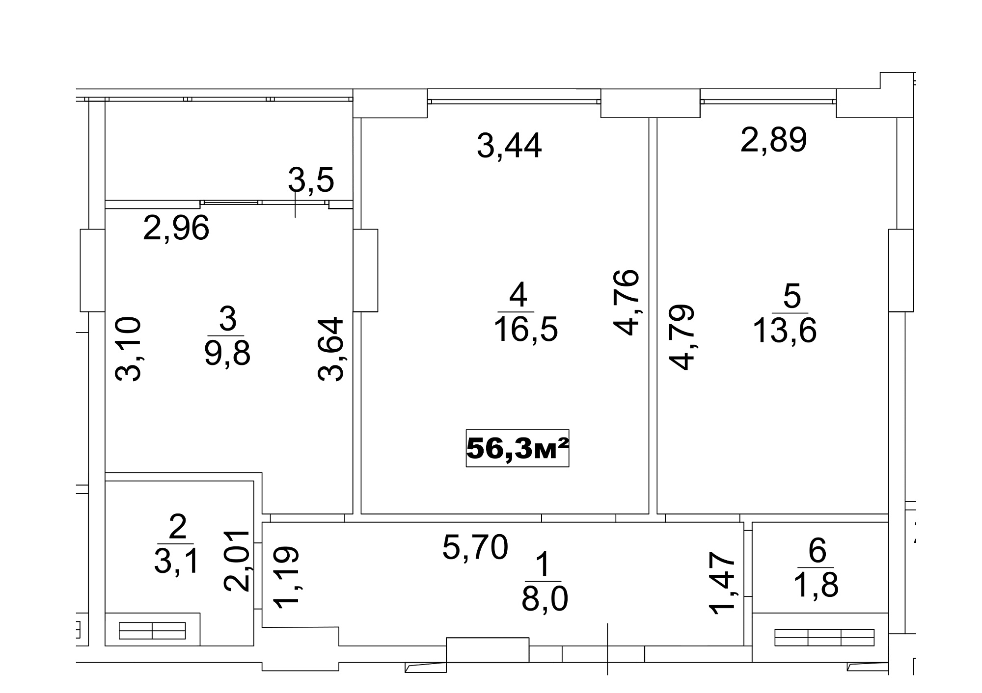 Планування 2-к квартира площею 56.3м2, AB-13-05/00037.