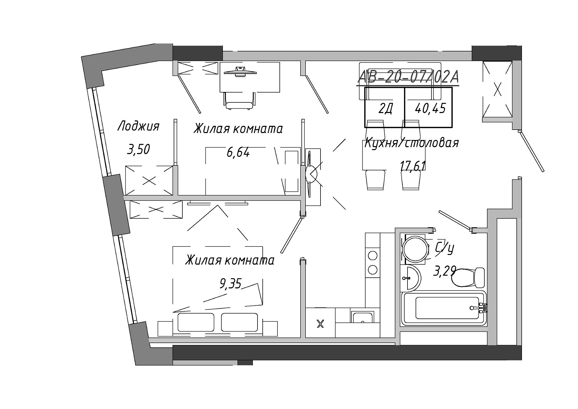 Планування 2-к квартира площею 41.9м2, AB-20-07/0002а.