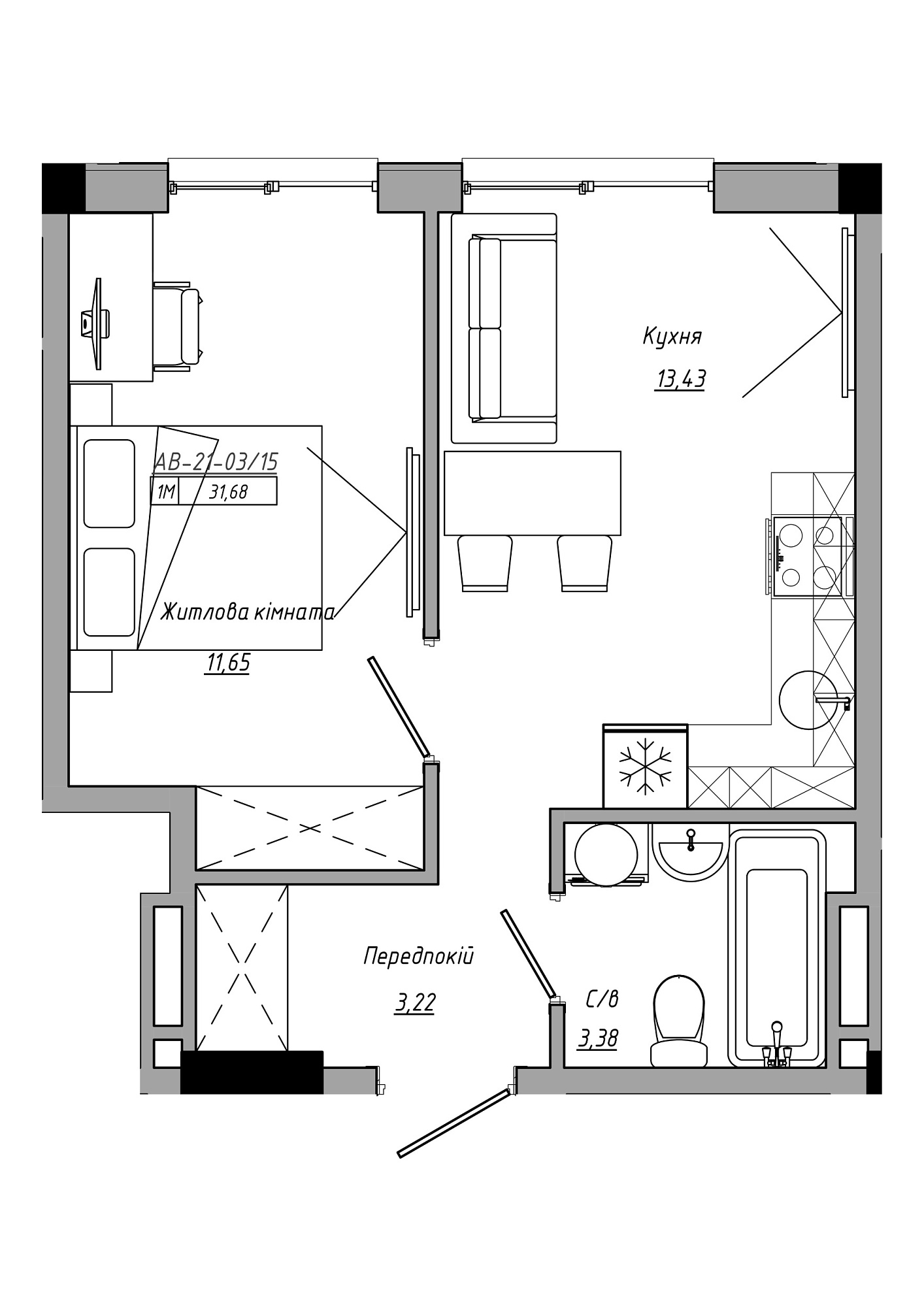 Планировка 1-к квартира площей 31.68м2, AB-21-03/00015.