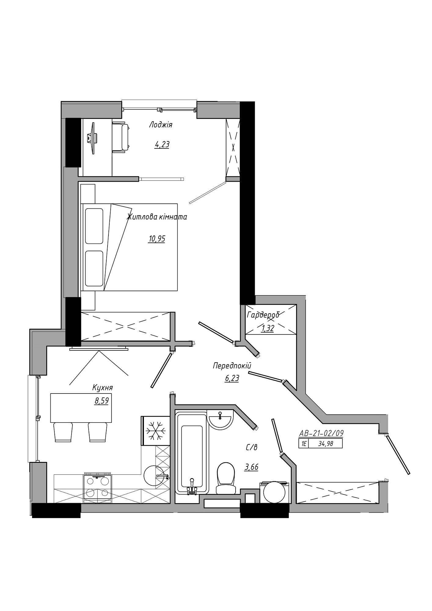 Планування 1-к квартира площею 34.98м2, AB-21-02/00009.