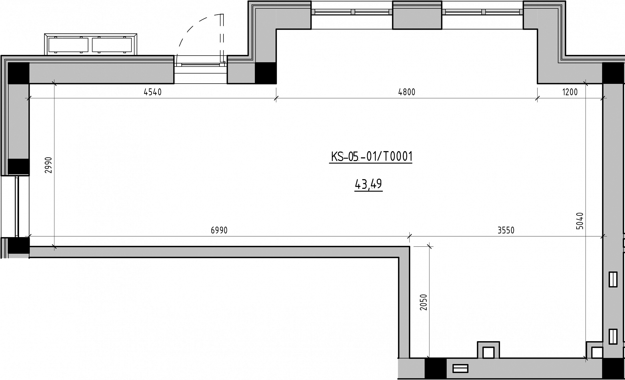 Planning Commercial premises area 43.49m2, KS-005-01/Т001.