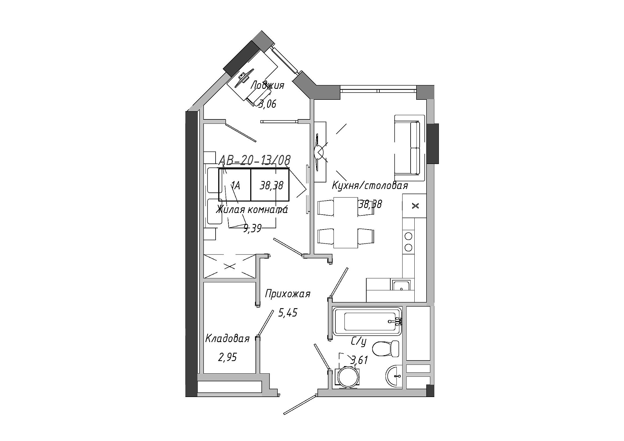 Планування 1-к квартира площею 38.38м2, AB-20-13/00108.