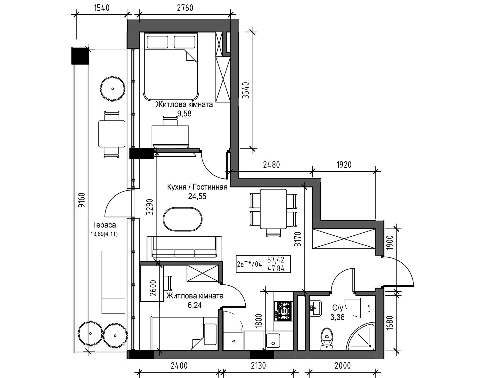 Planning 2-rm flats area 47.59m2, UM-003-09/0100.