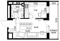 Планування 1-к квартира площею 26.6м2, UM-003-03/0003.