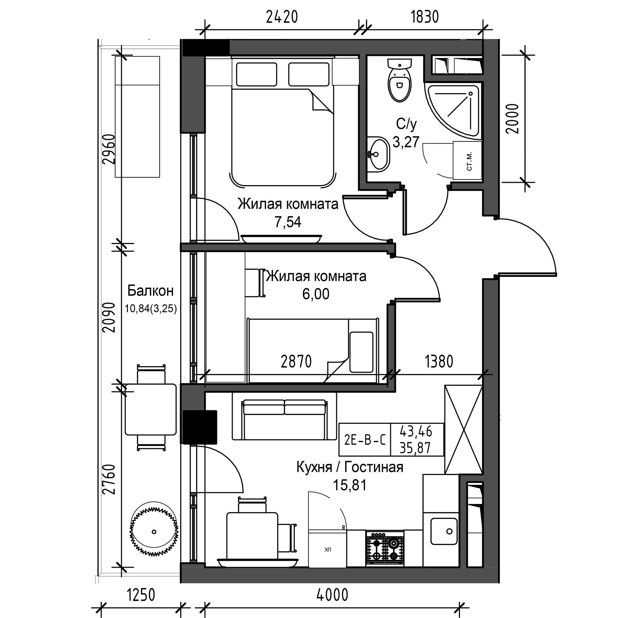 Планування 2-к квартира площею 35.87м2, UM-001-09/0012.