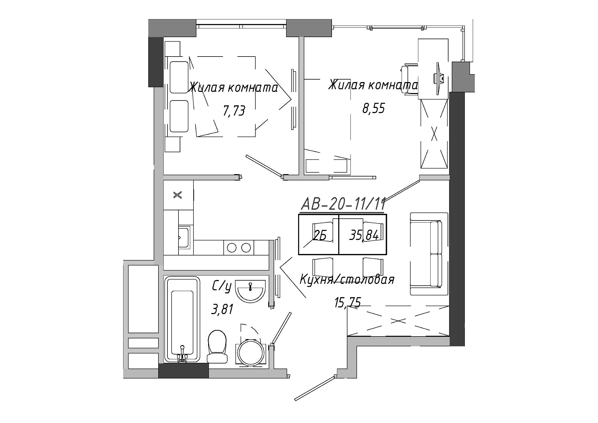 Планування 2-к квартира площею 36.12м2, AB-20-11/00011.