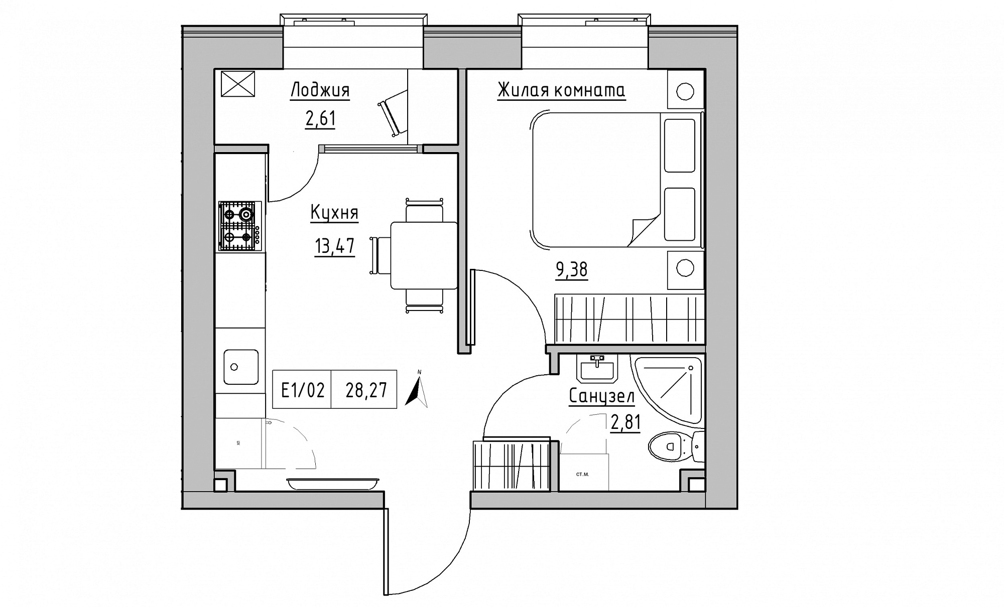 Планировка 1-к квартира площей 28.27м2, KS-015-04/0015.