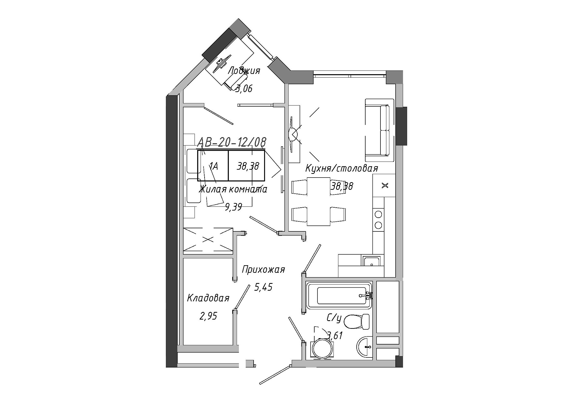Планировка 1-к квартира площей 38.85м2, AB-20-12/00008.