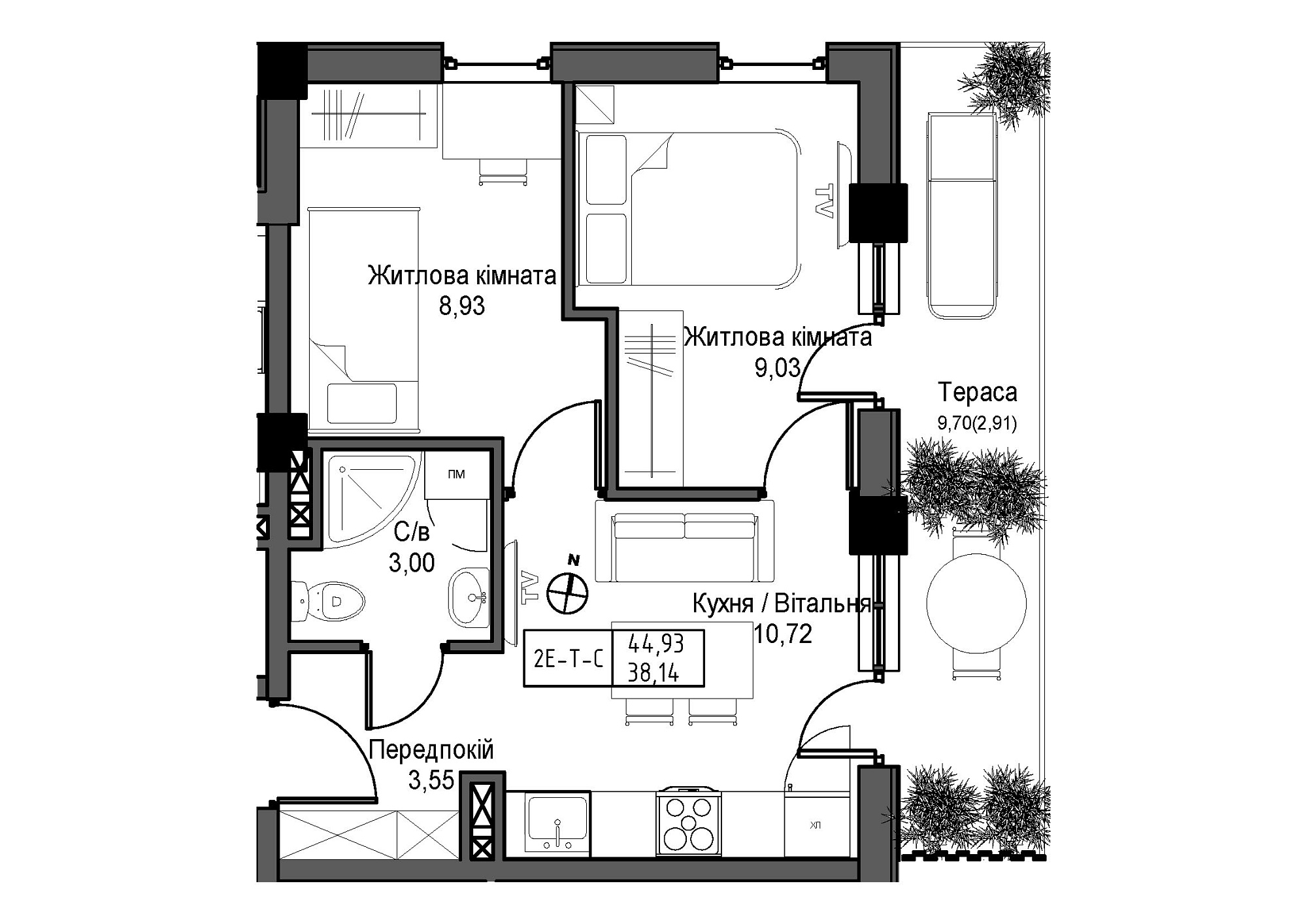 Planning 2-rm flats area 38.14m2, UM-007-04/0003.