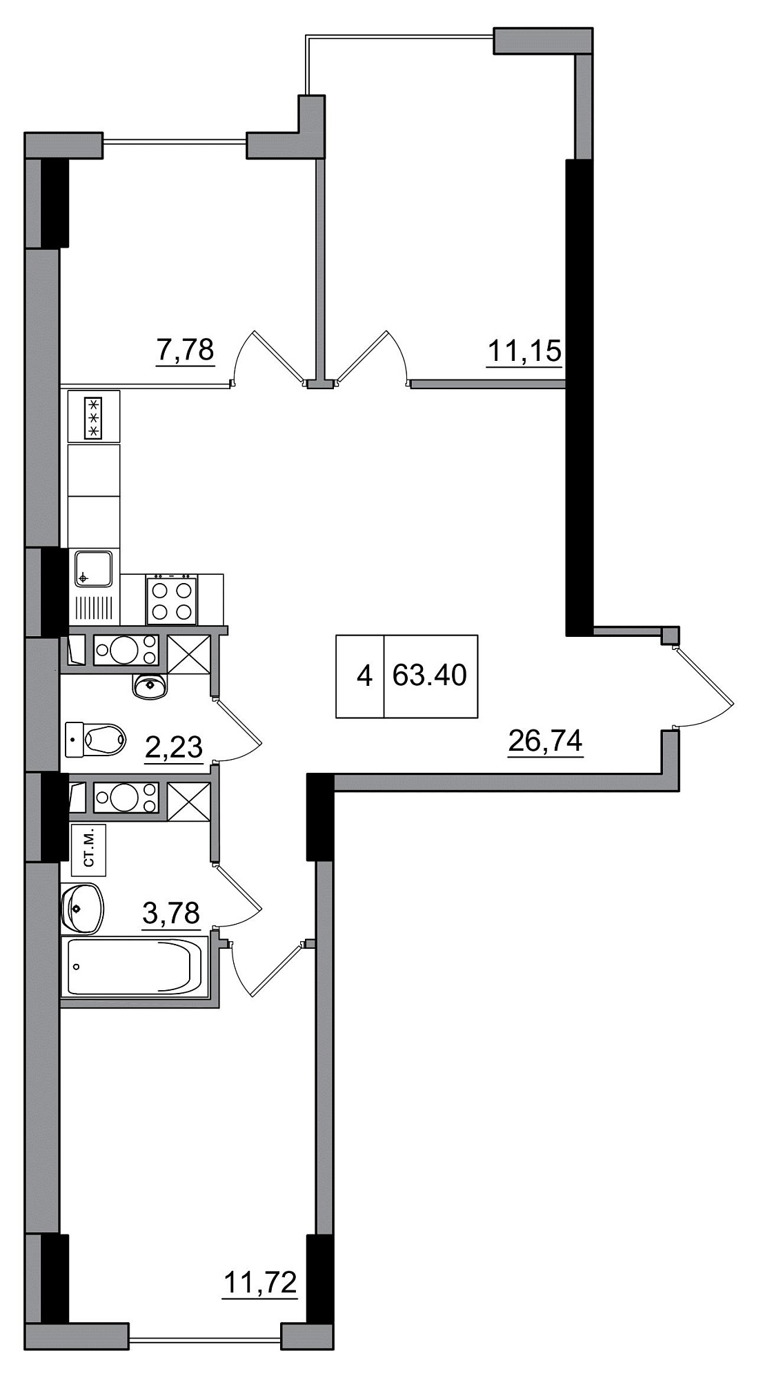 Планування 3-к квартира площею 63.4м2, AB-05-03/00003.