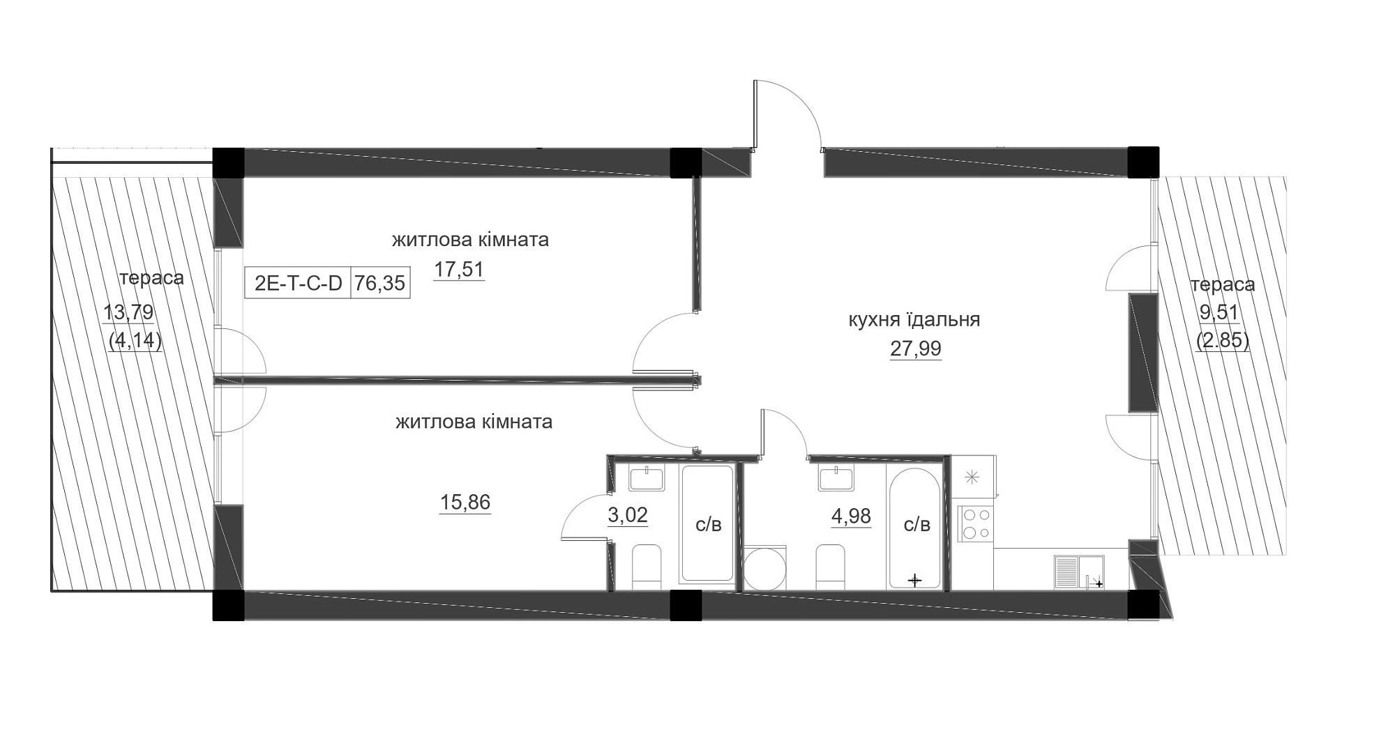 Планування 2-к квартира площею 76.35м2, LR-005-01/0002.