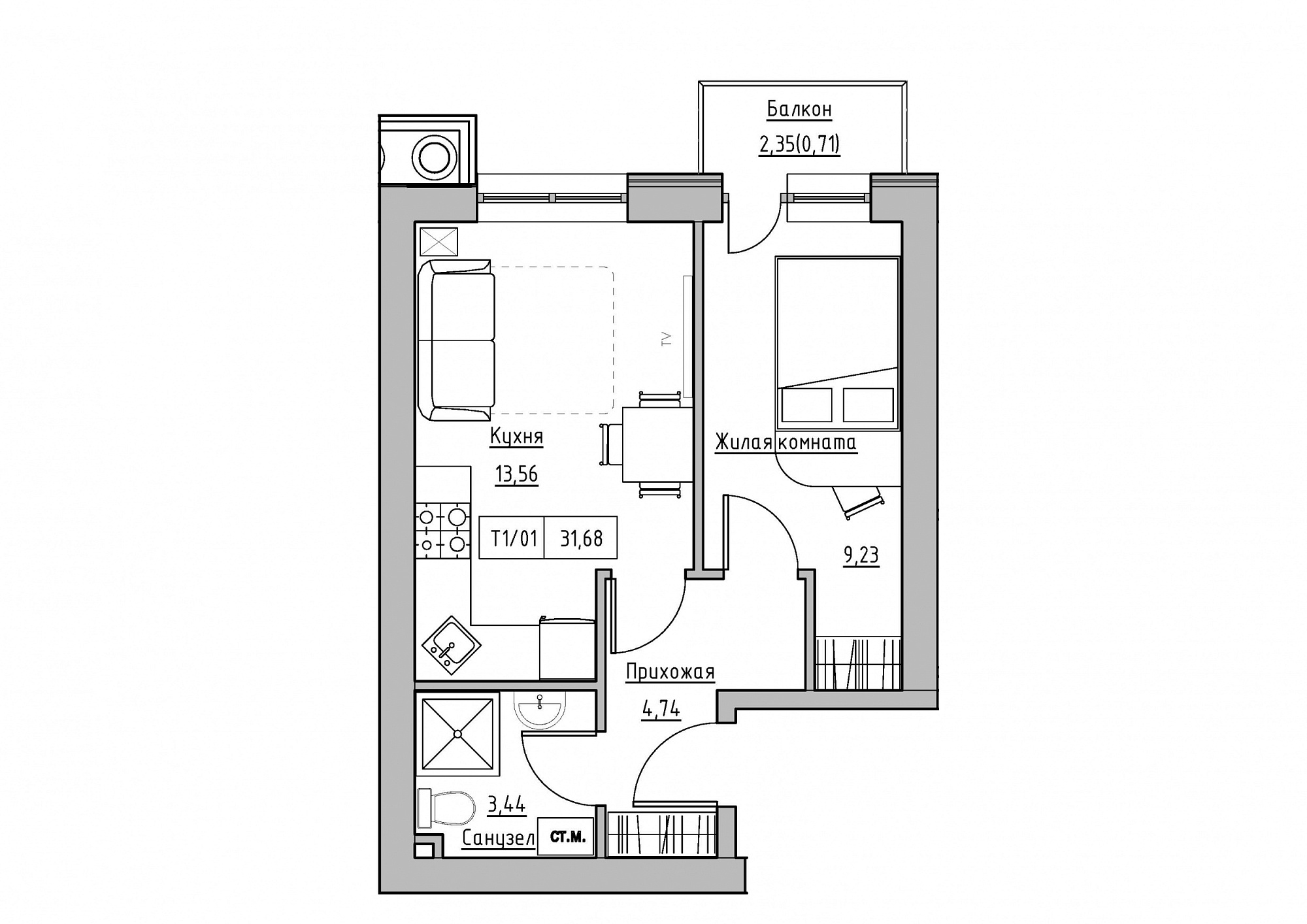 Планировка 1-к квартира площей 31.68м2, KS-011-04/0013.