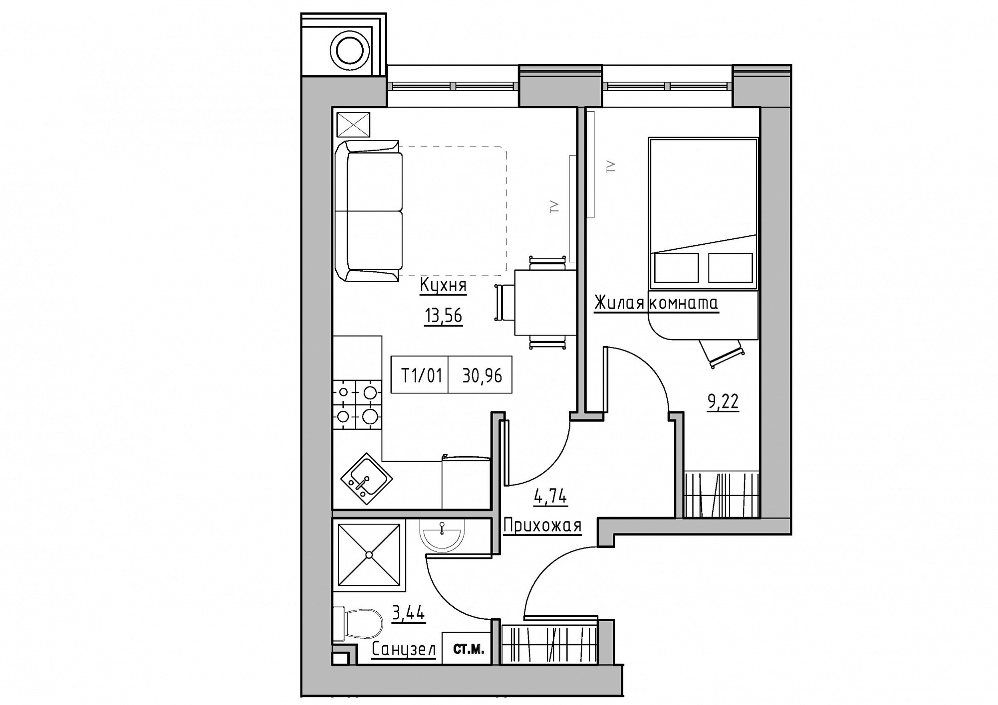 Планировка 1-к квартира площей 30.96м2, KS-011-01/0013.