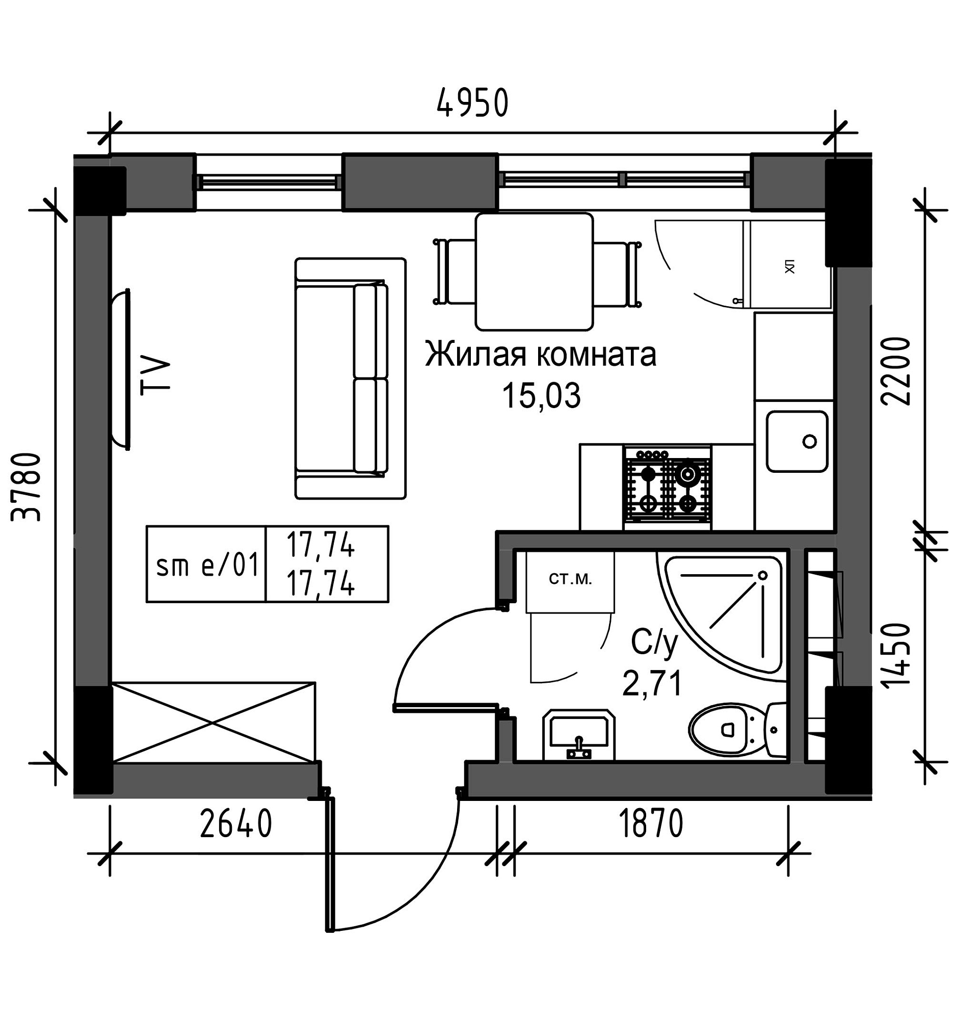 Планування Smart-квартира площею 17.74м2, UM-003-03/0015.