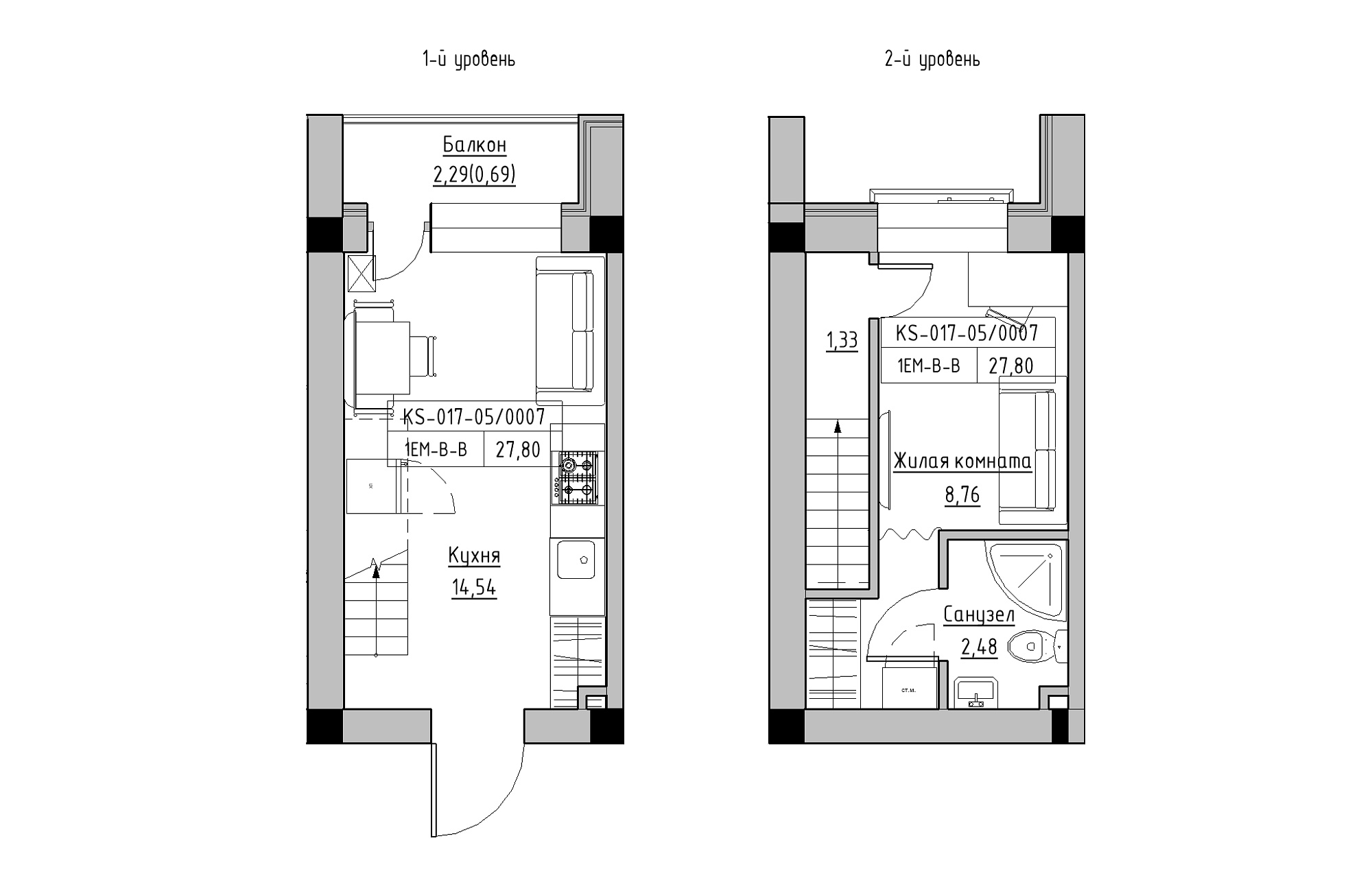 Planning 2-lvl flats area 27.8m2, KS-017-05/0007.
