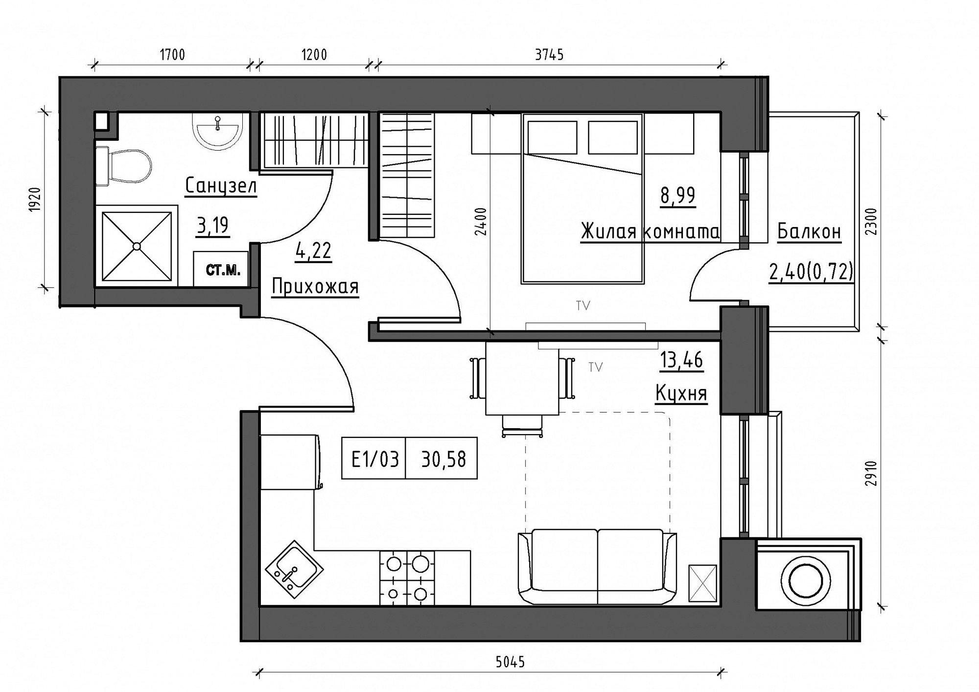 Планування 1-к квартира площею 30.58м2, KS-012-03/0013.