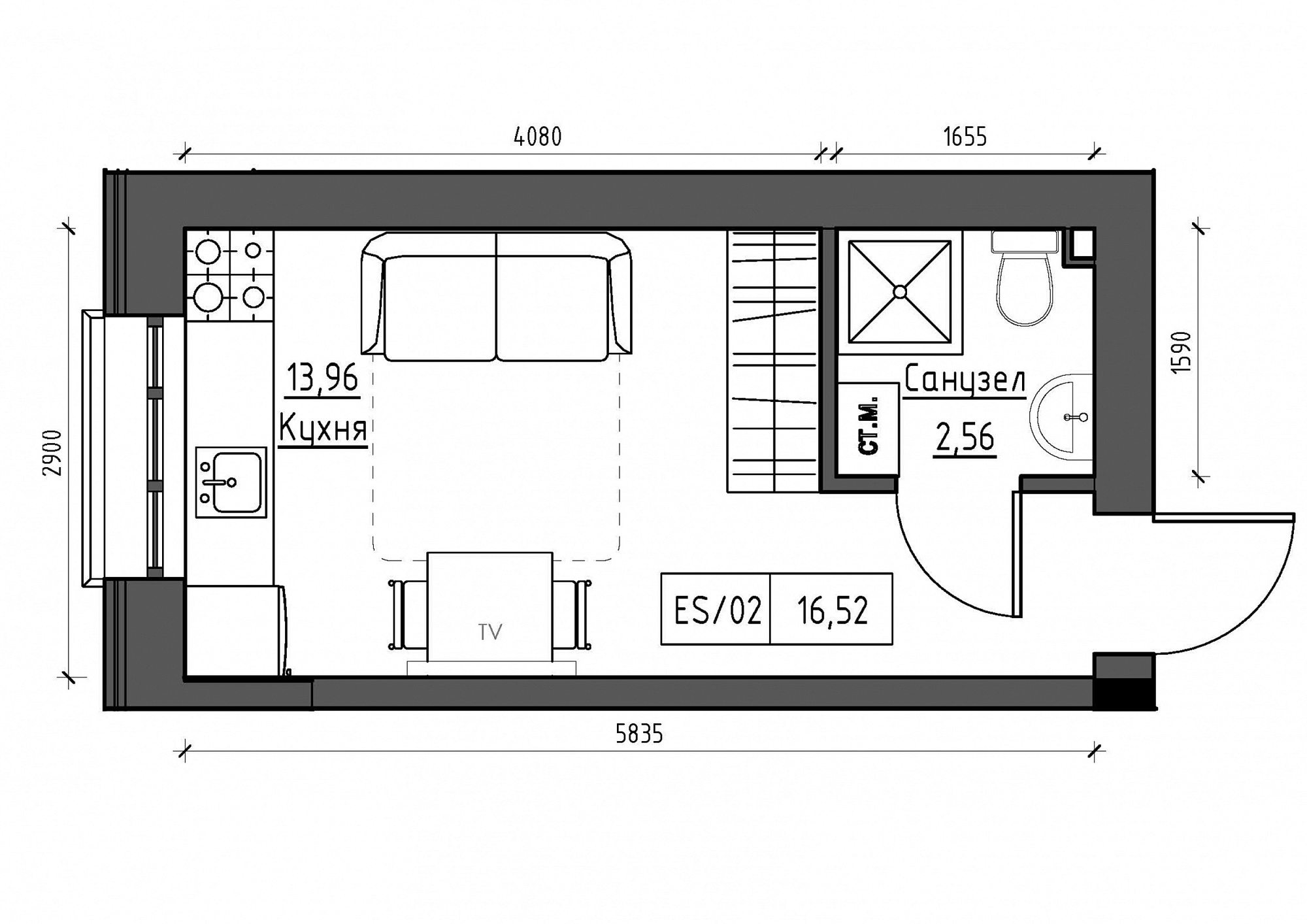 Планування Smart-квартира площею 16.52м2, KS-012-05/0014.