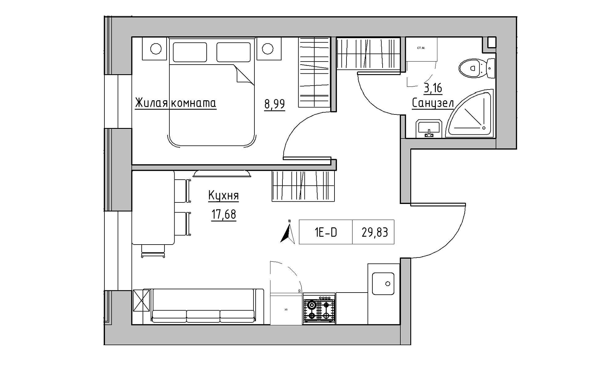 Planning 1-rm flats area 29.83m2, KS-023-01/0003.