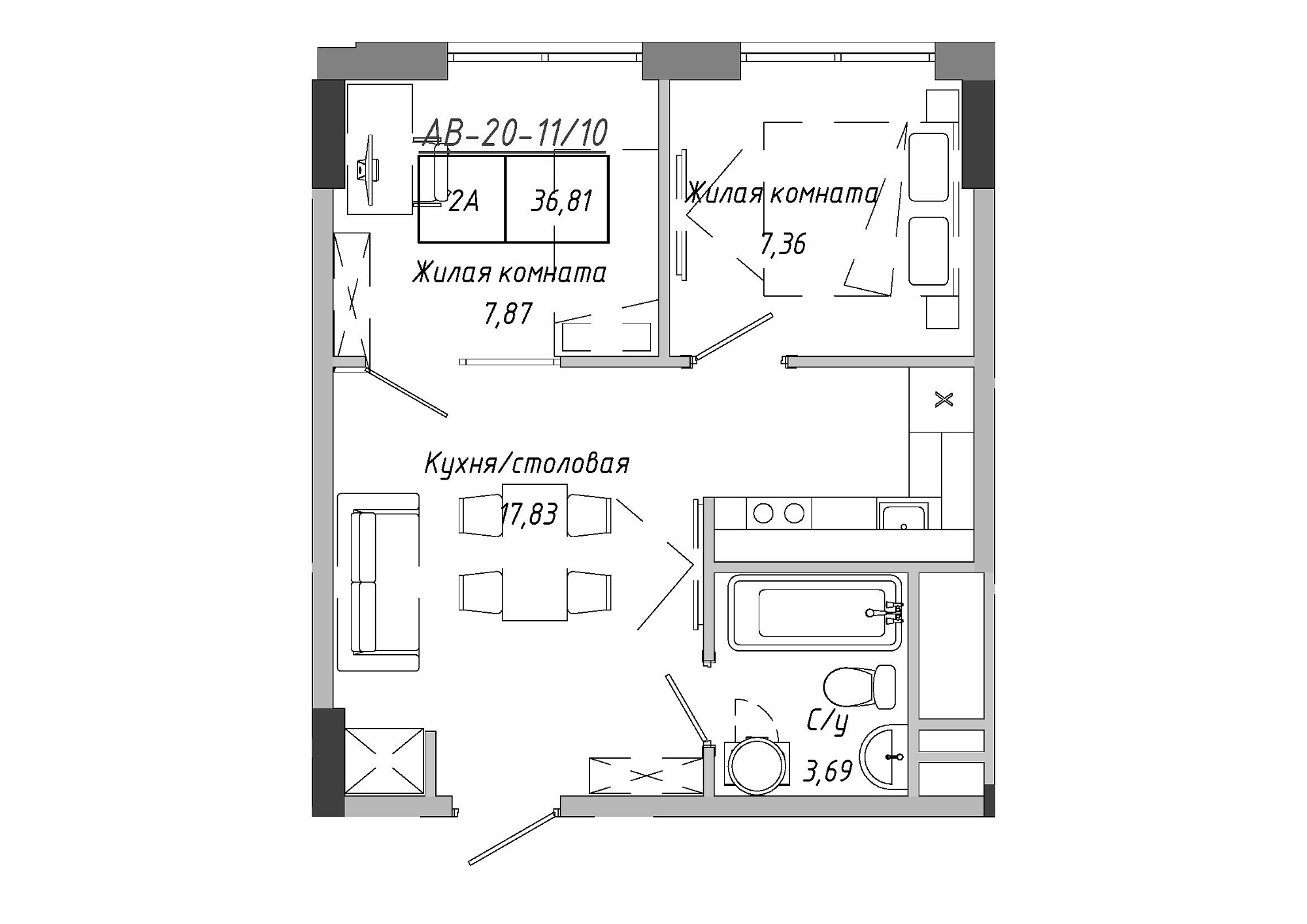 Планировка 2-к квартира площей 37.15м2, AB-20-11/00010.