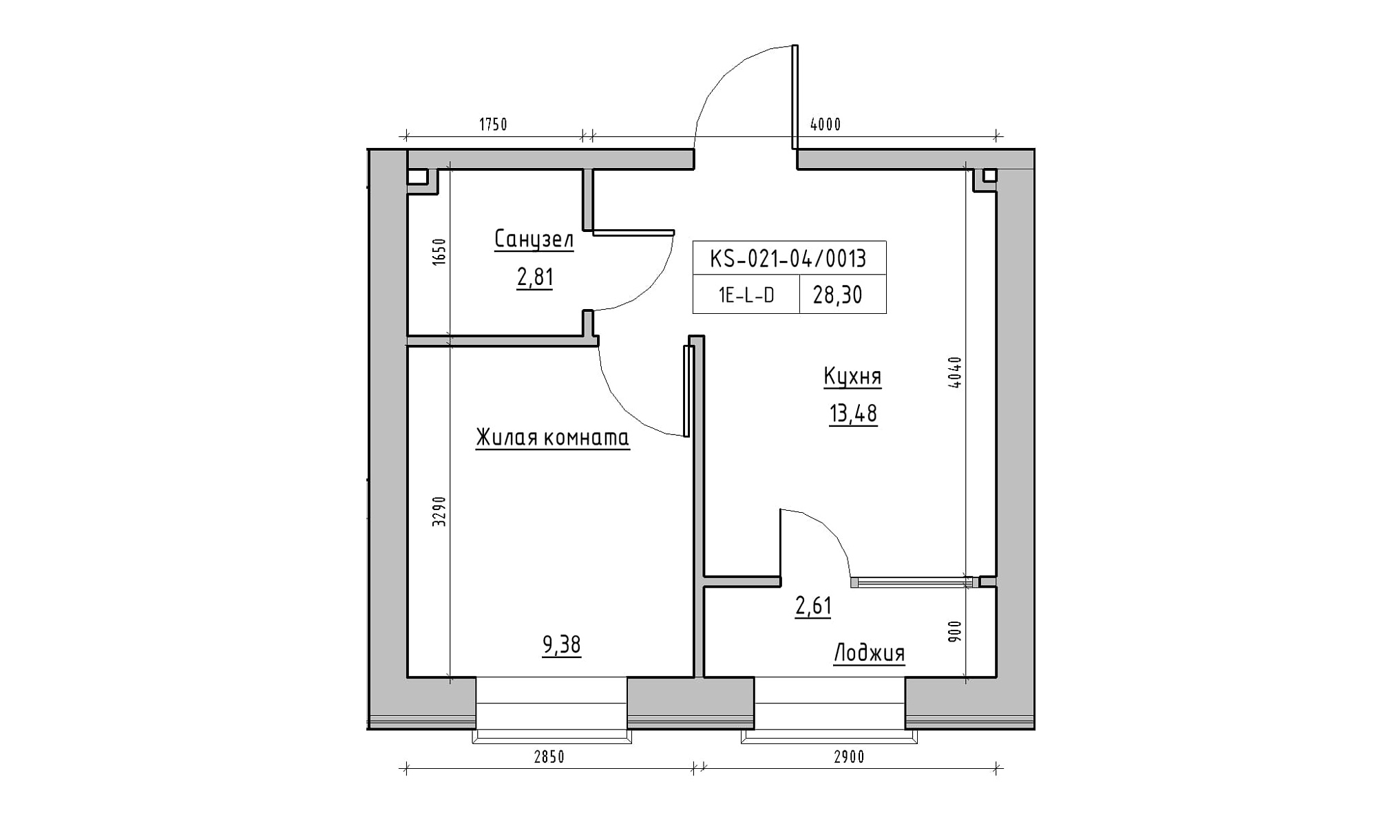 Планировка 1-к квартира площей 28.3м2, KS-021-04/0013.