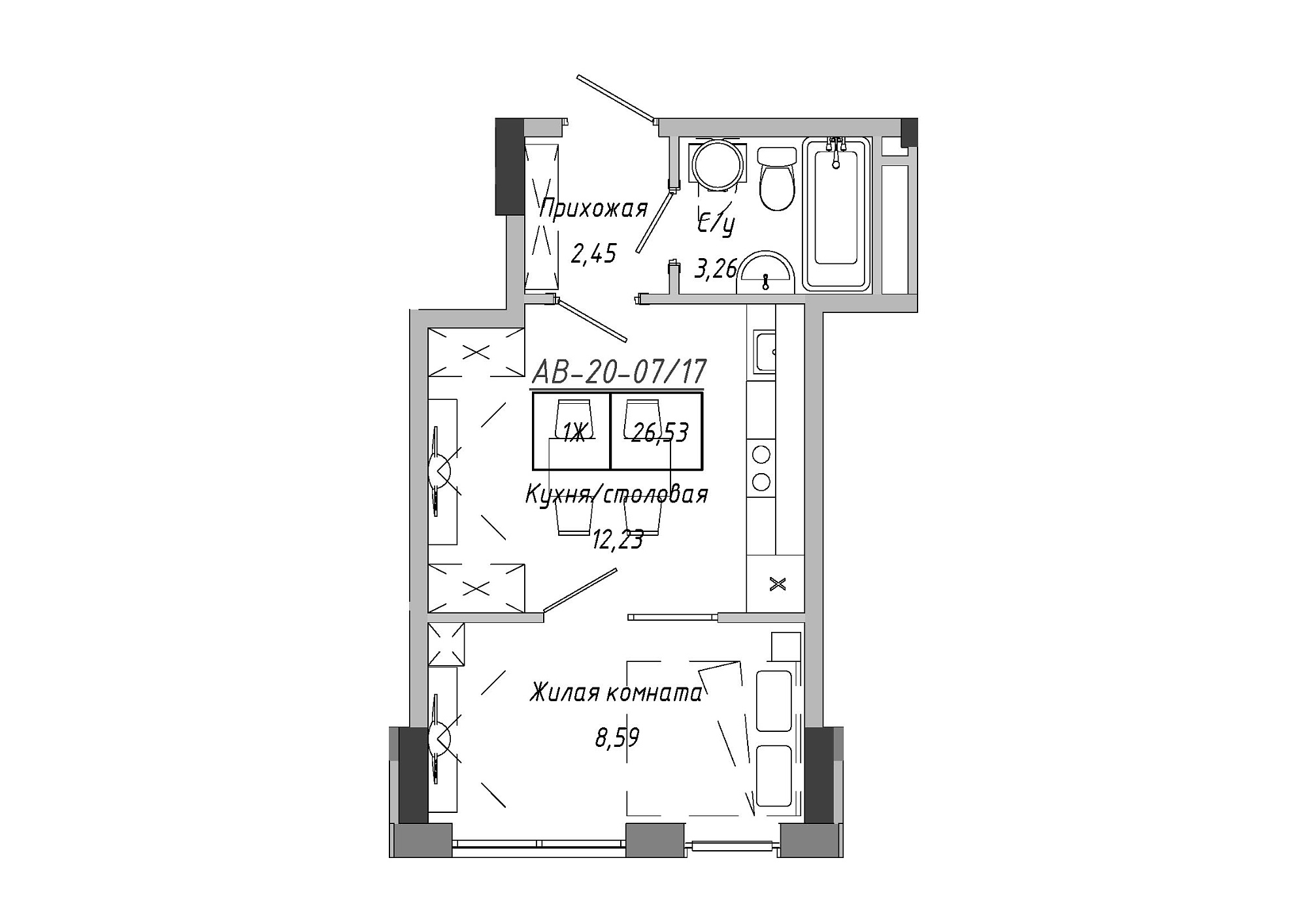 Планировка 1-к квартира площей 26.98м2, AB-20-07/00017.