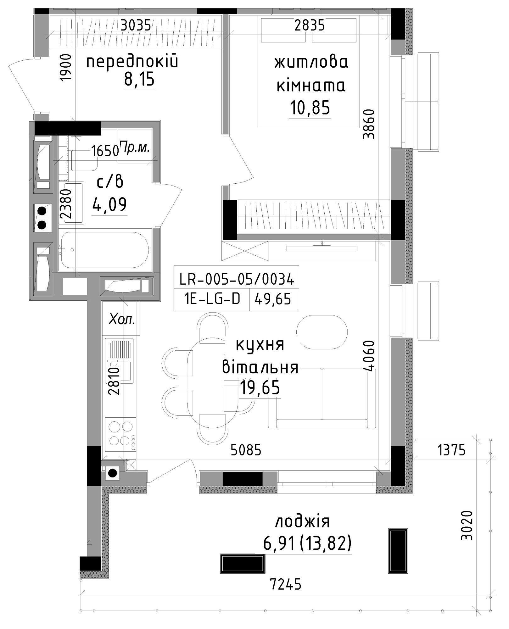 Планировка 1-к квартира площей 49.65м2, LR-005-05/0034.