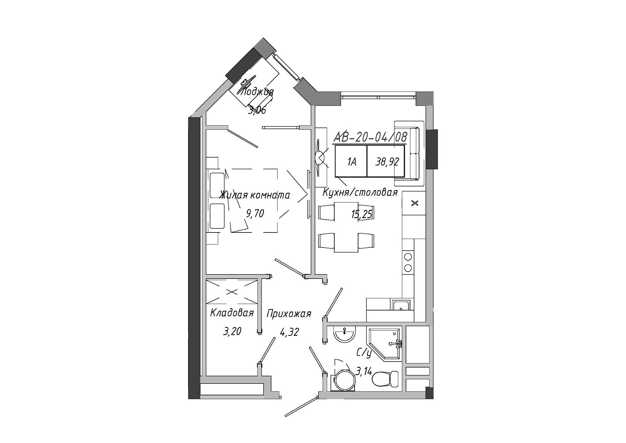 Планировка 1-к квартира площей 38.92м2, AB-20-04/00008.