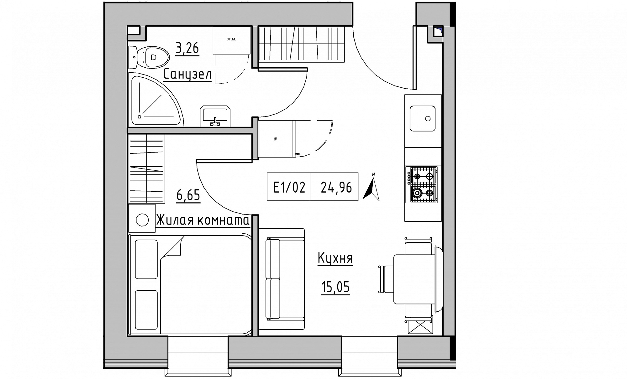 Планировка 1-к квартира площей 24.96м2, KS-015-02/0012.