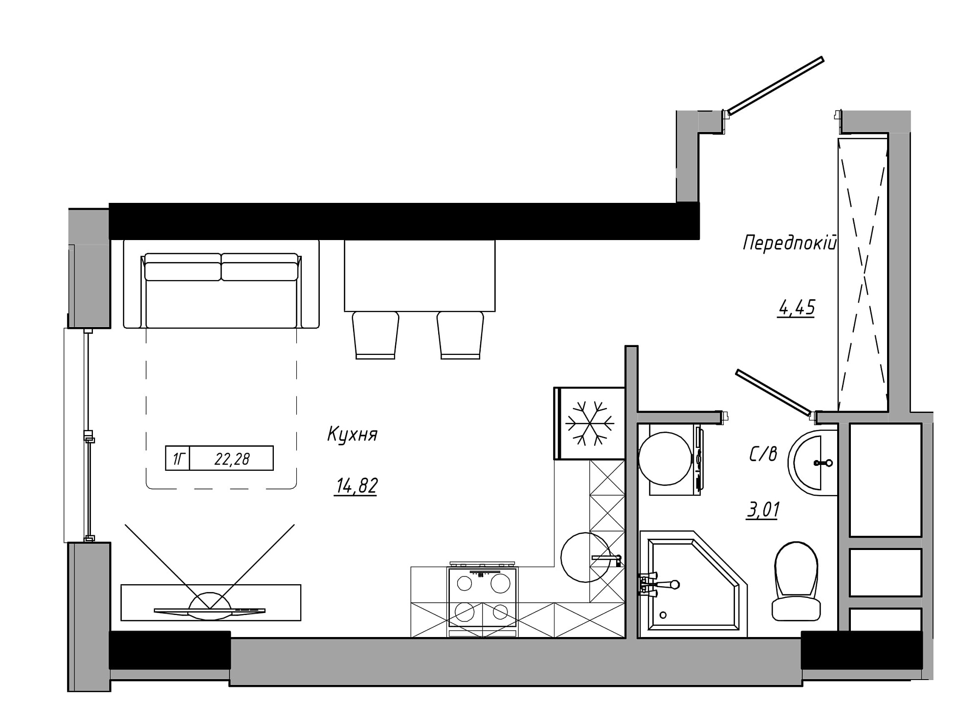 Планування Smart-квартира площею 22.28м2, AB-21-07/00005.