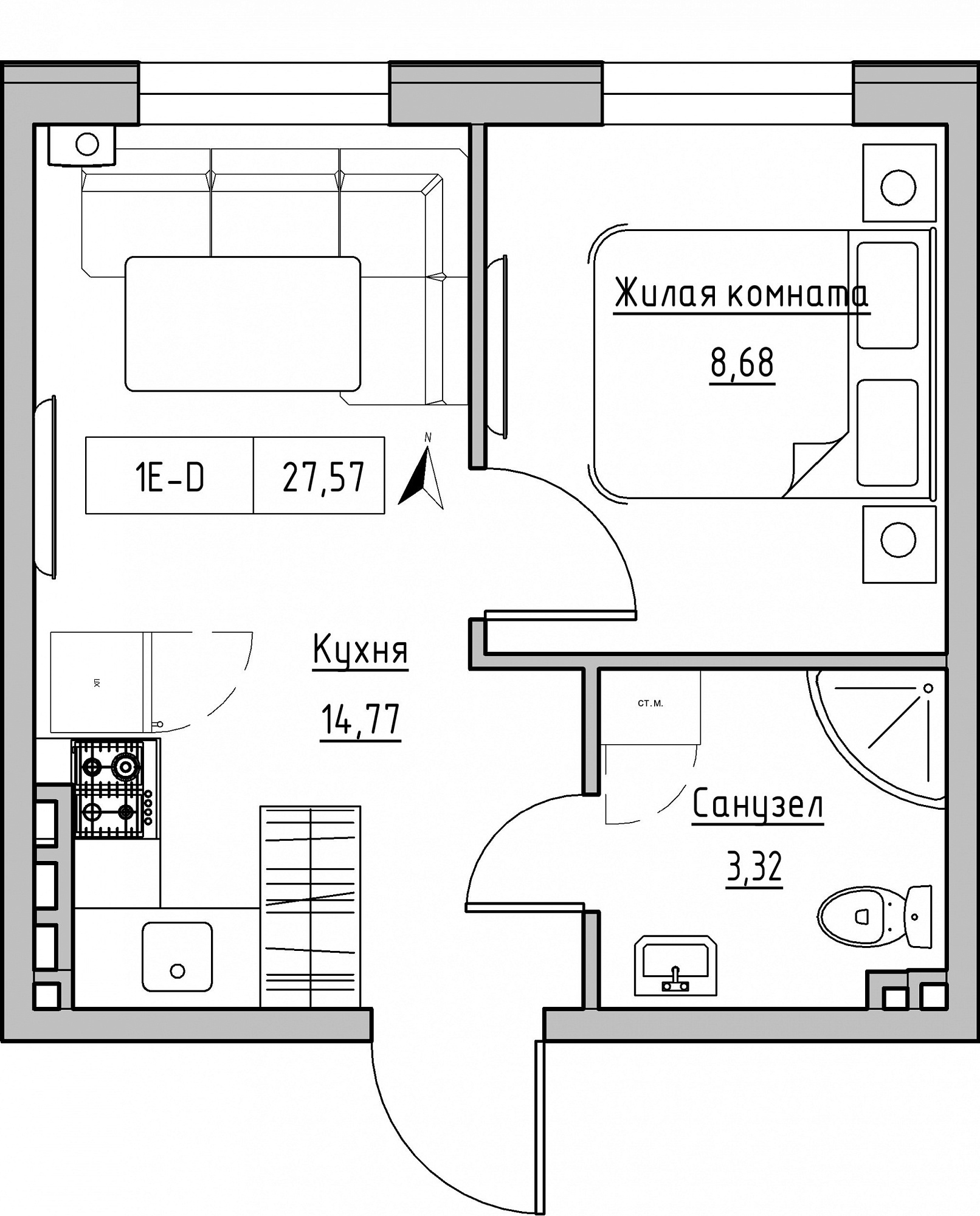 Планування 1-к квартира площею 27.57м2, KS-024-03/0002.