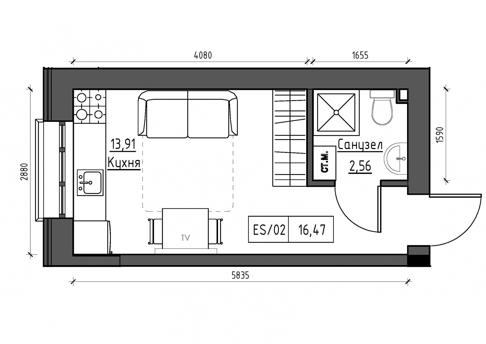 Планування Smart-квартира площею 16.47м2, KS-012-04/0011.