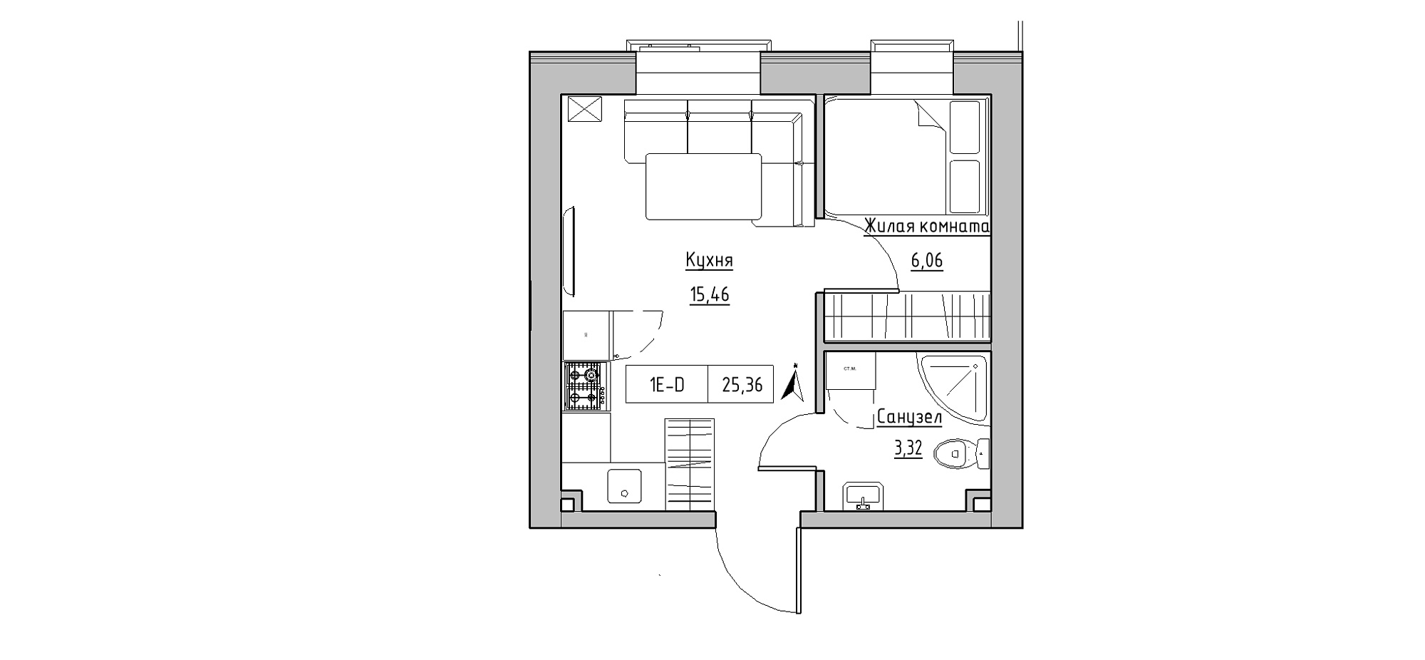 Планировка 1-к квартира площей 25.36м2, KS-020-05/0002.