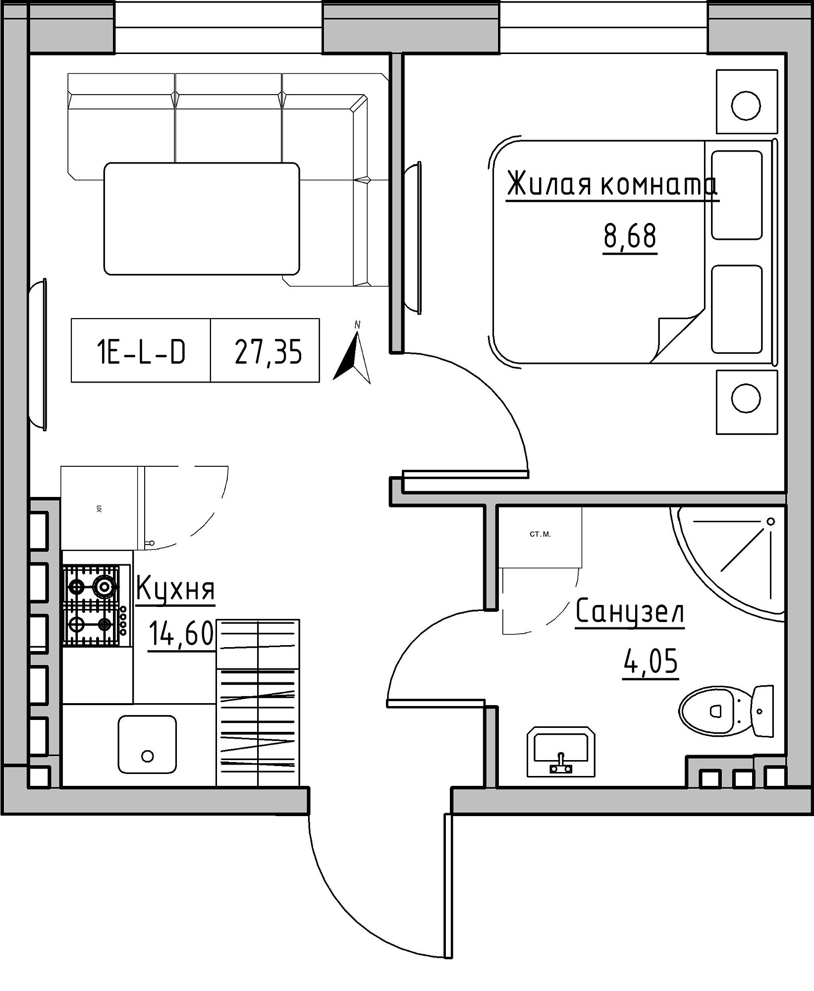 Планировка 1-к квартира площей 27.35м2, KS-024-05/0002.