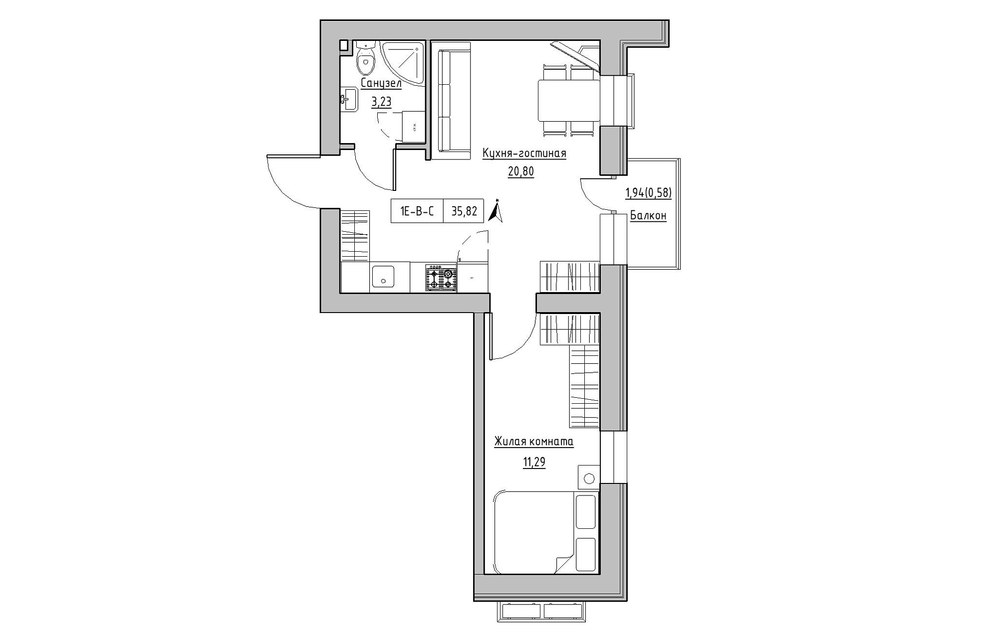 Планировка 1-к квартира площей 35.82м2, KS-019-04/0007.