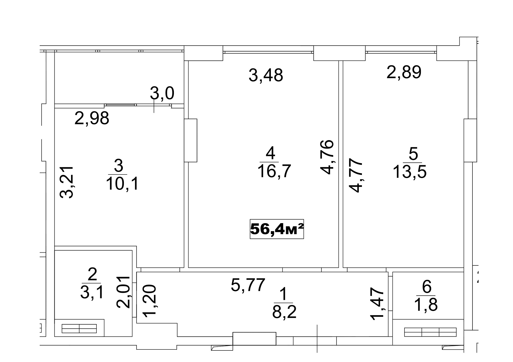 Планировка 2-к квартира площей 56.4м2, AB-13-09/00073.