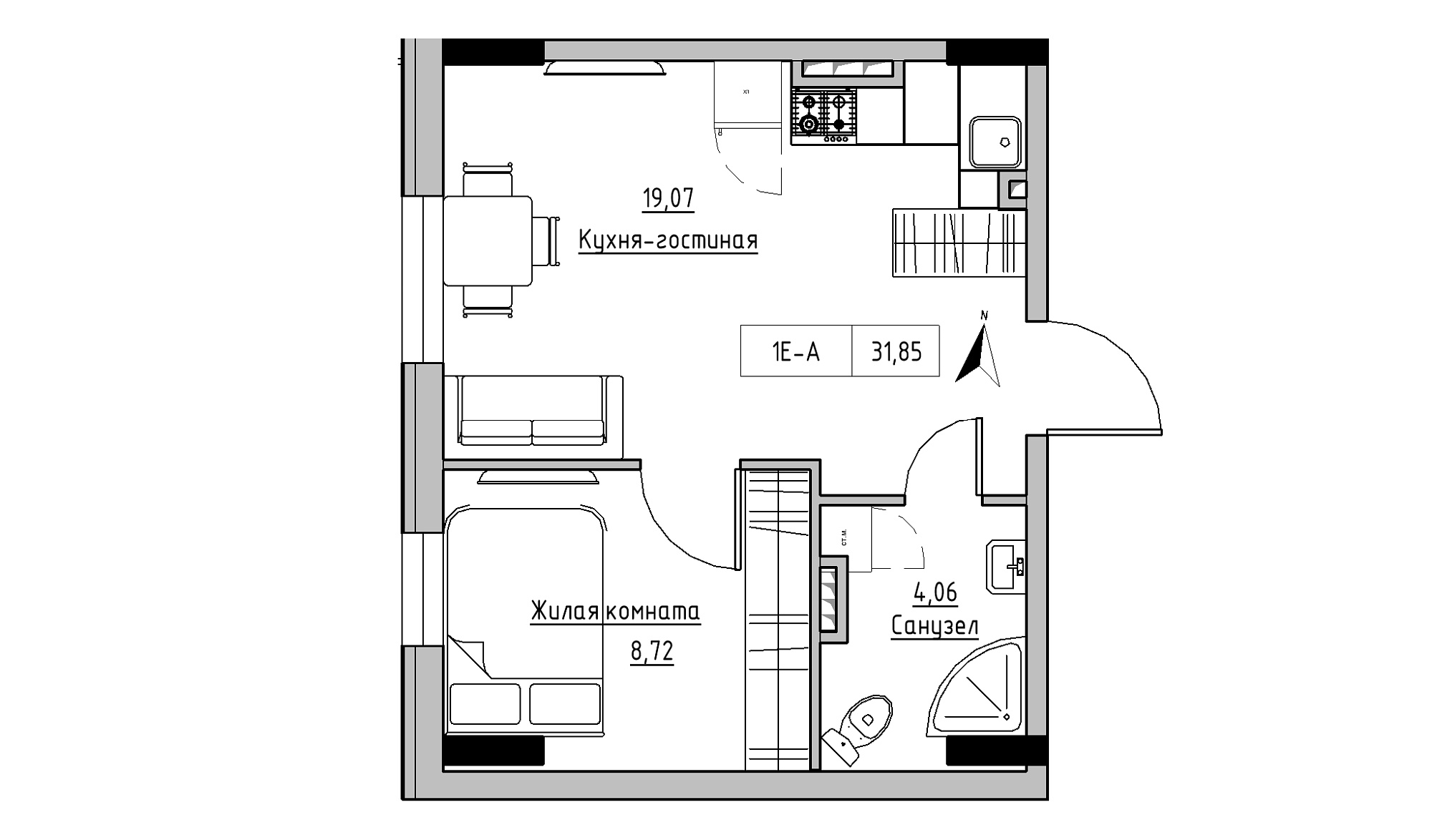Планировка 1-к квартира площей 31.85м2, KS-025-03/0003.